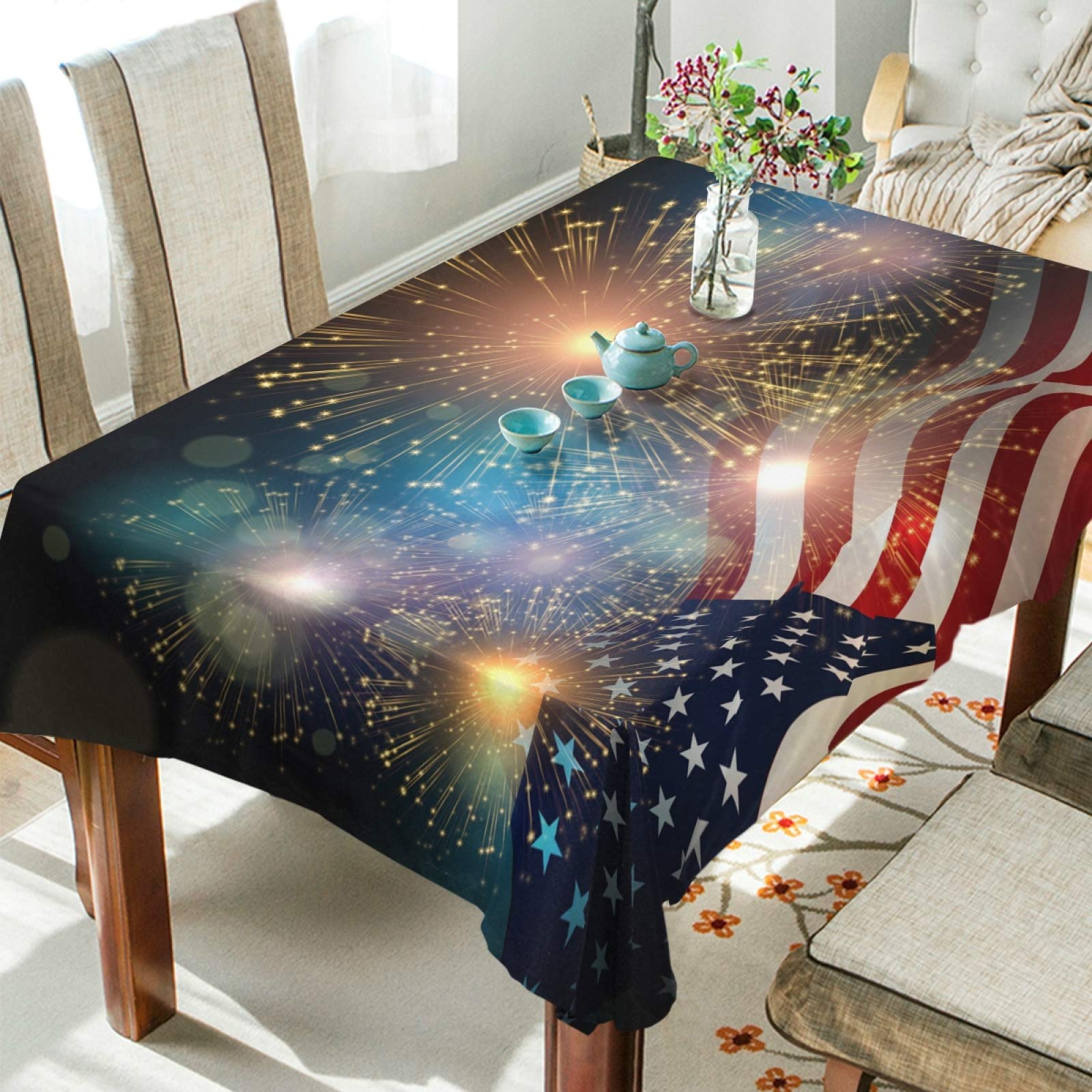 4th of July Patriotic Tablecloth - 54x72 Inch American Flag Fireworks Design Polyester Rectangle Table Cover for Party, BBQ, Picnic & Holiday Dinner Decor
