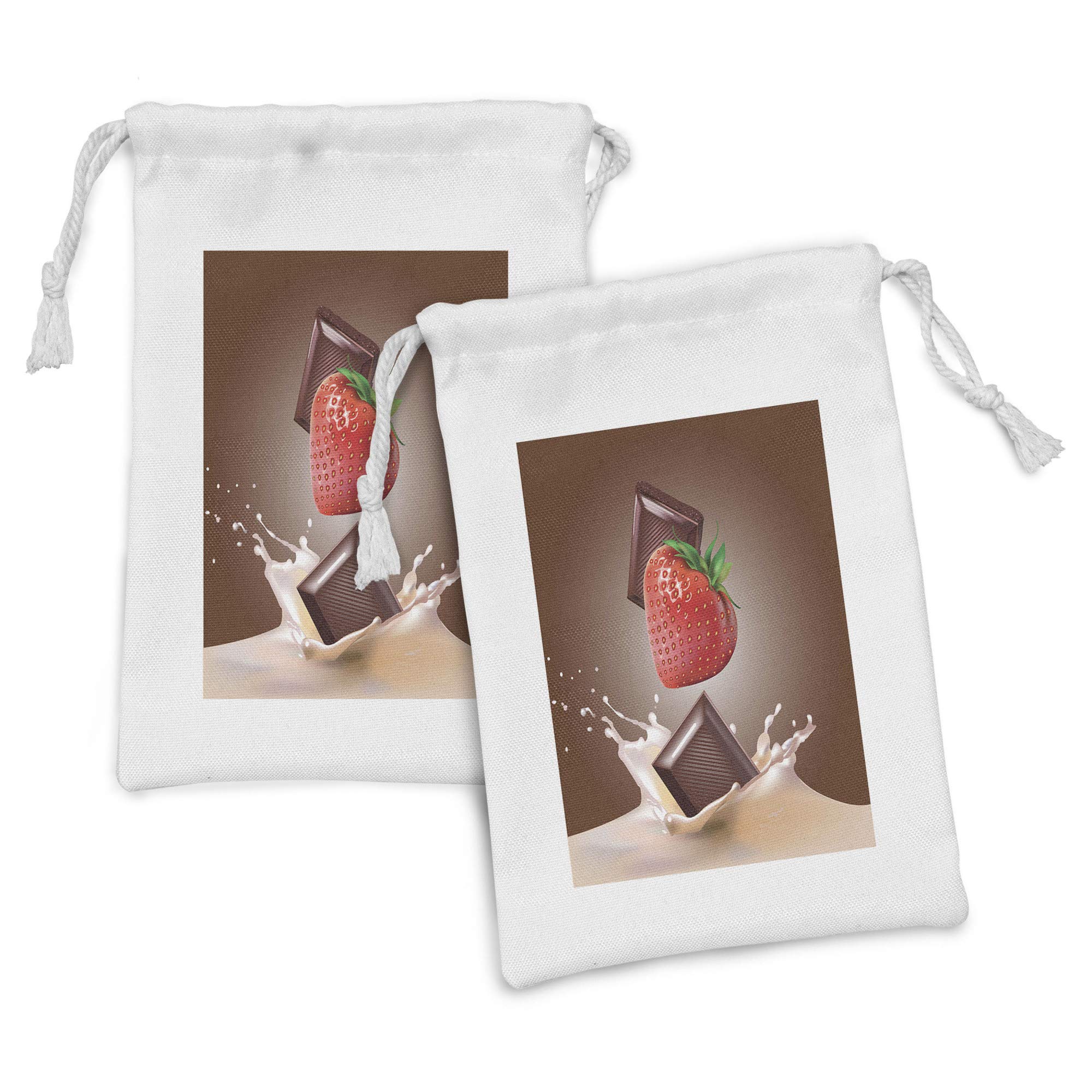Ambesonne 2-Pack Fruit Fabric Pouch Set - Strawberry Chocolate & Milk Design Drawstring Bags for Toiletries, Travel Essentials & Party Favors (9