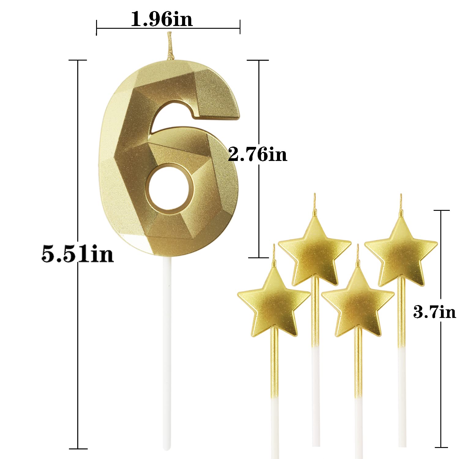 Golden Number 6 Birthday Candles - 2.76 Inch 3D Diamond Shaped Cake Candles with Stars | Perfect for Birthday Parties, Anniversary Cakes & Special Celebrations | Decorative Gold Candles for Festive Occasions