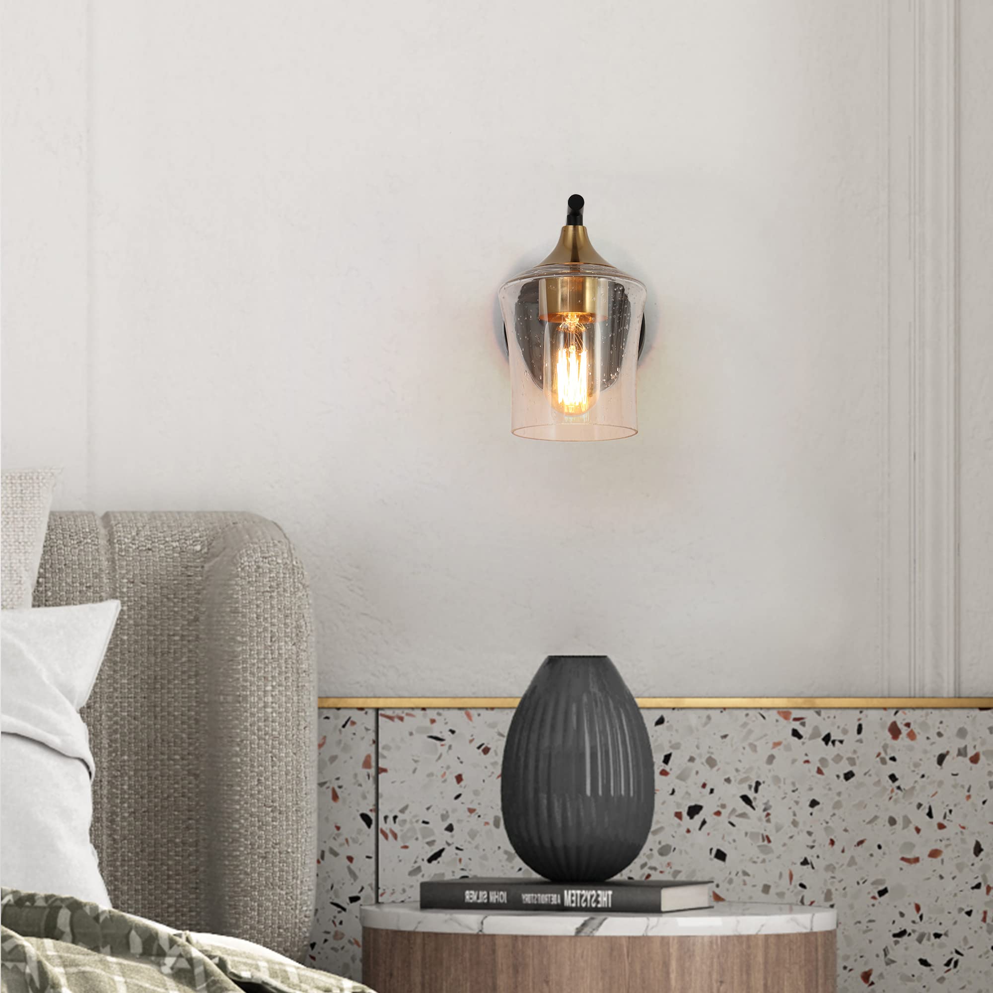 ZEVNI Modern Farmhouse Wall Sconces - Black & Gold 1-Light Vanity Lighting with Seeded Glass Shade | Perfect for Bedroom, Bathroom, Hallway & Entryway Decor
