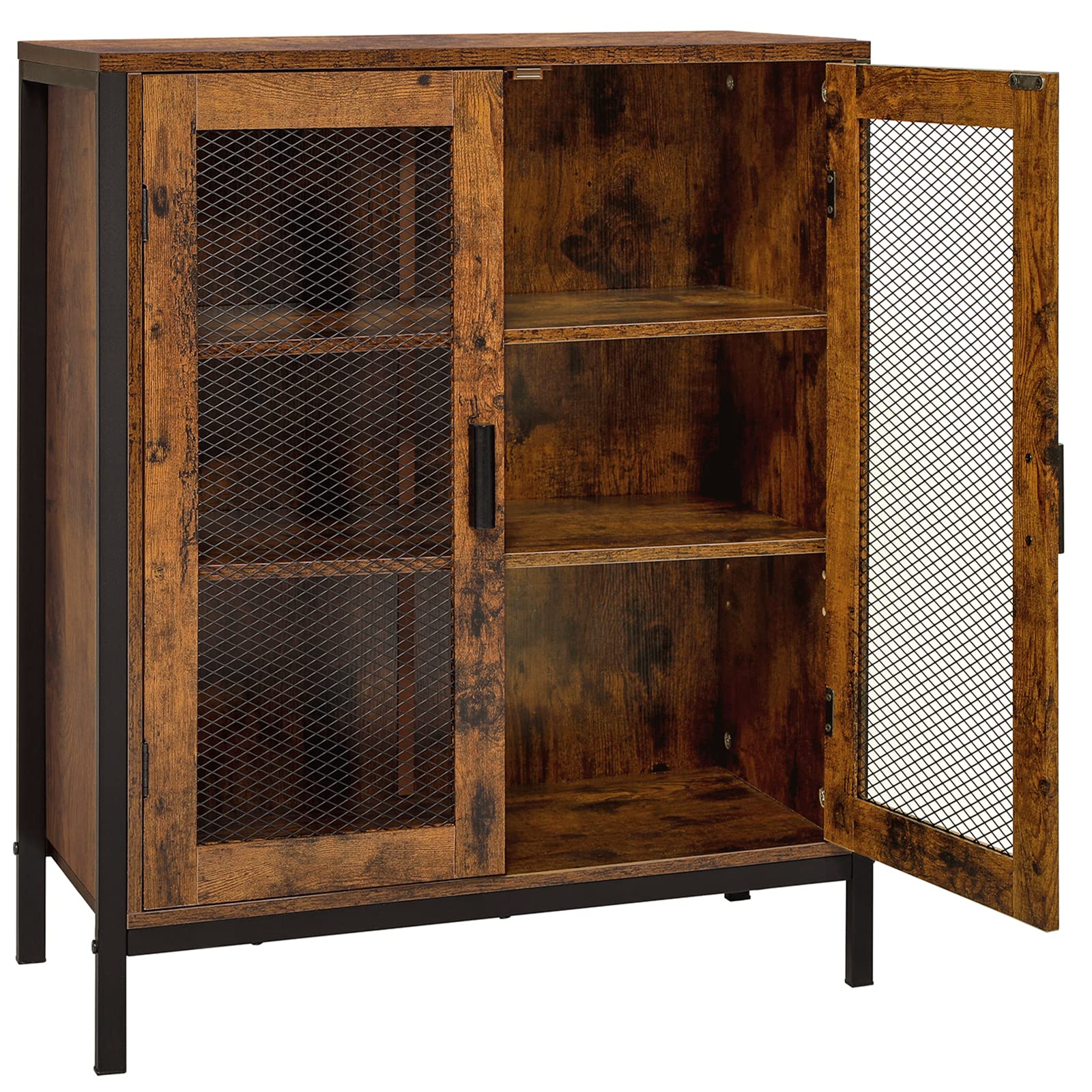 USIKEY 3-Tier Industrial Storage Cabinet with 2 Mesh Doors & Adjustable Shelf - Rustic Brown Floor Cupboard for Living Room, Entryway, Kitchen | Perfect for Home Organization, Pantry Storage & Closet Shelving