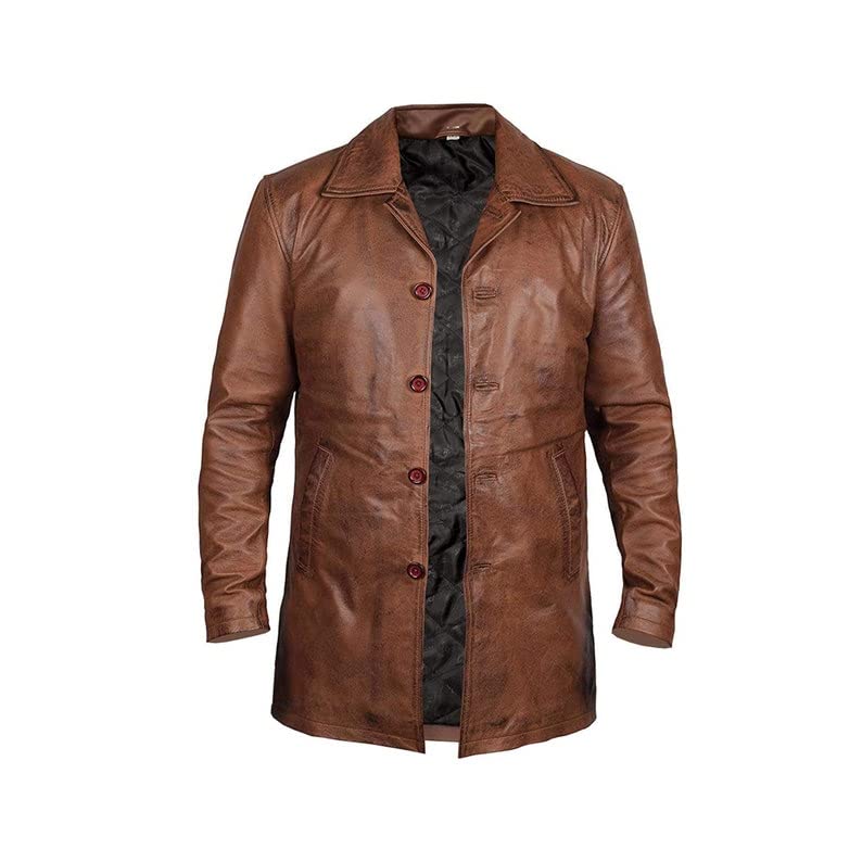 Vintage Distressed Brown Leather Car Coat for Men - Classic Long Leather Jacket for Fall & Winter - Perfect for Casual Outfits, Motorcycle Riding & Outdoor Adventures