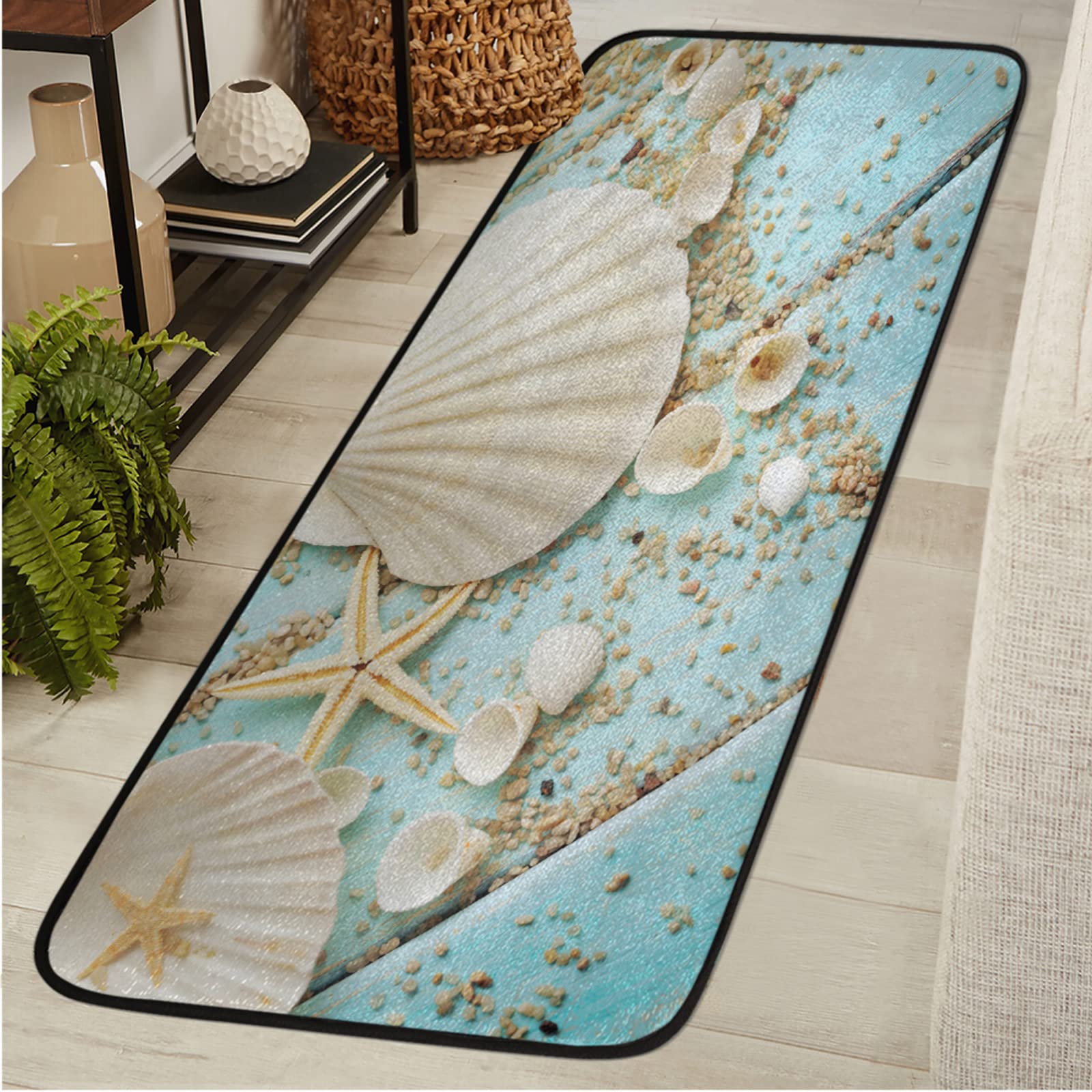 Starfish Seashells Runner Rug 2'x6' - Non-Slip Washable Kitchen Laundry Bathroom Rug - Coastal Decor for Hallway, Bedroom & Entryway - Perfect for Beach House, Bath Mat & Floor Runner