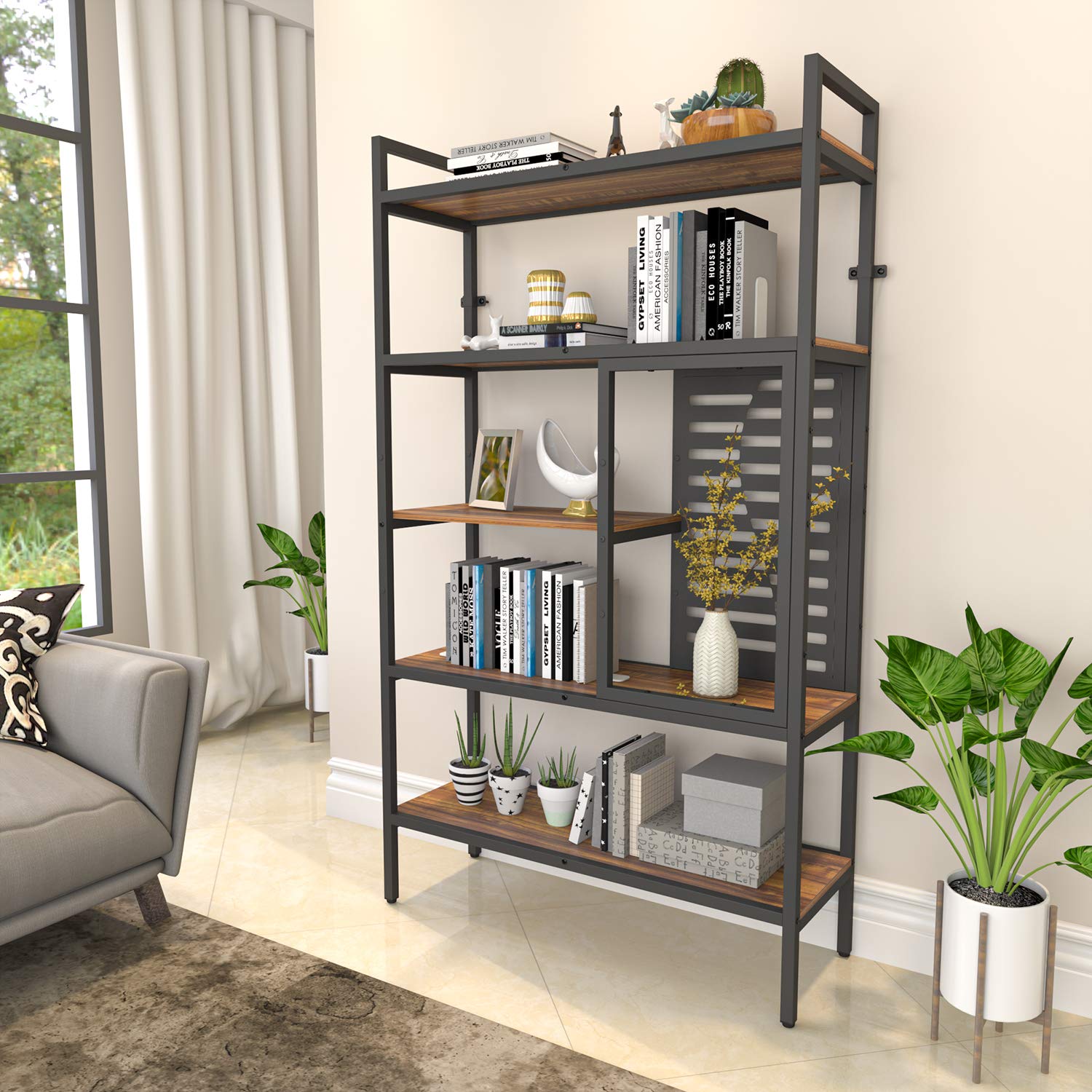Weehom 5-Tier Adjustable Industrial Bookshelf - Modern Wood Bookcase with Sturdy Metal Frame, Open Storage Shelves for Living Room, Bedroom, Office & Kitchen - Perfect for Organizing Books, Decor & Kitchen Supplies