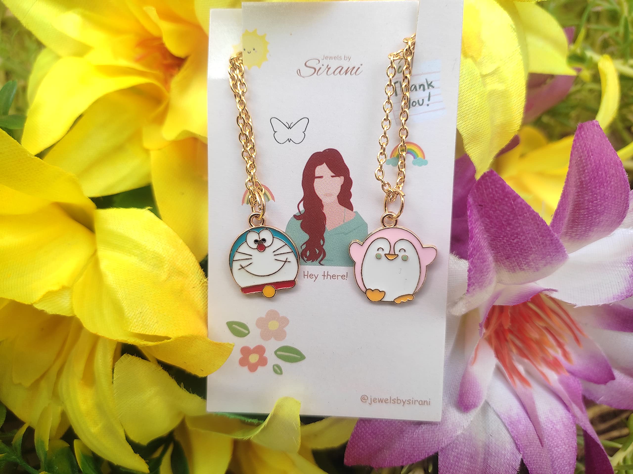 Cute Pendant Necklace for Kids, Girls & Women - Pack of 2 (Pink Penguin & Doremon) | Fashion Jewelry Gift for Birthday, Christmas & Everyday Wear