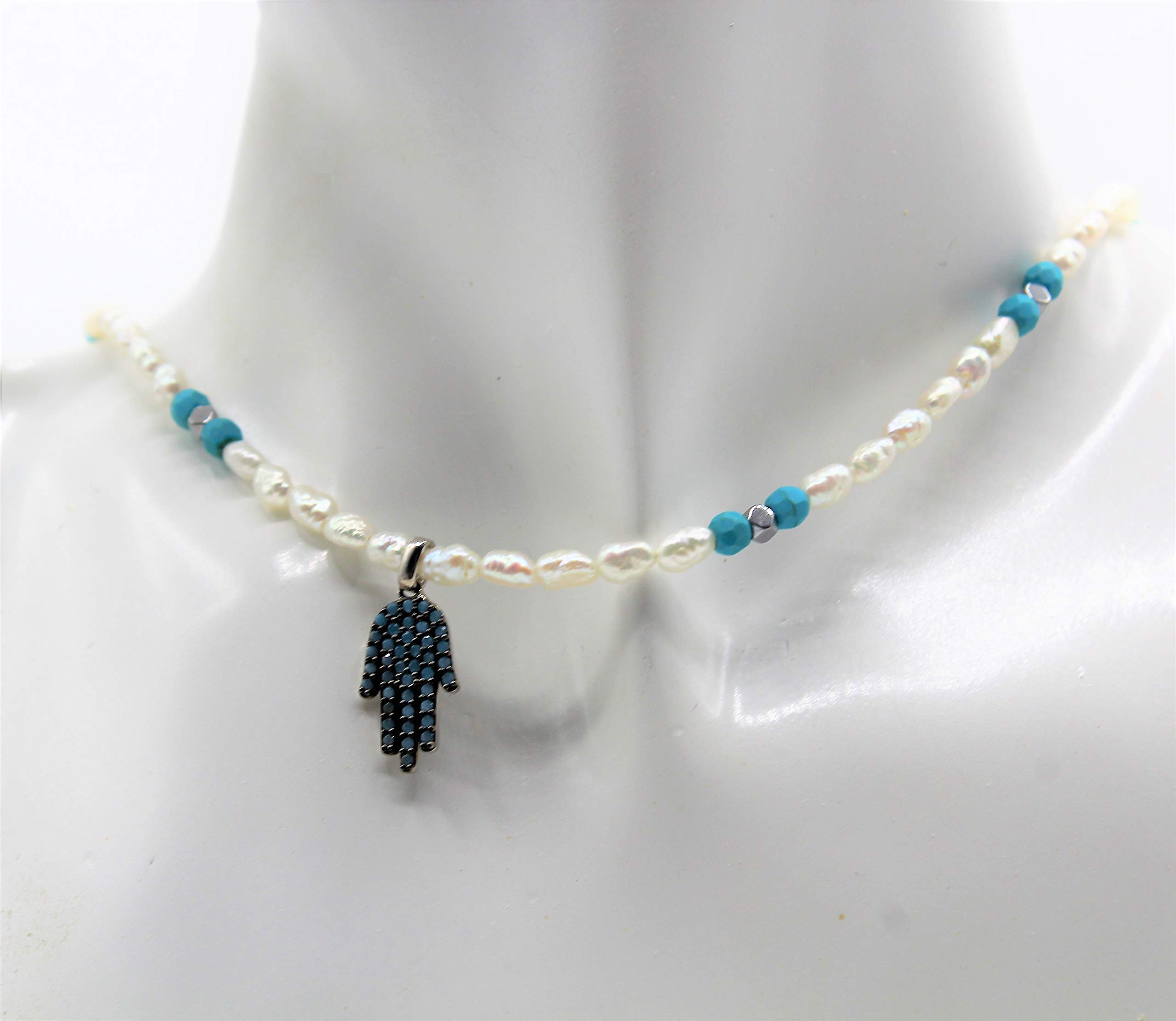 Elegant Turquoise & Pearl Hamsa Necklace - Delicate Evil Eye Protection Amulet Jewelry for Women | Perfect for Spiritual Protection, Boho Fashion & Gift Giving