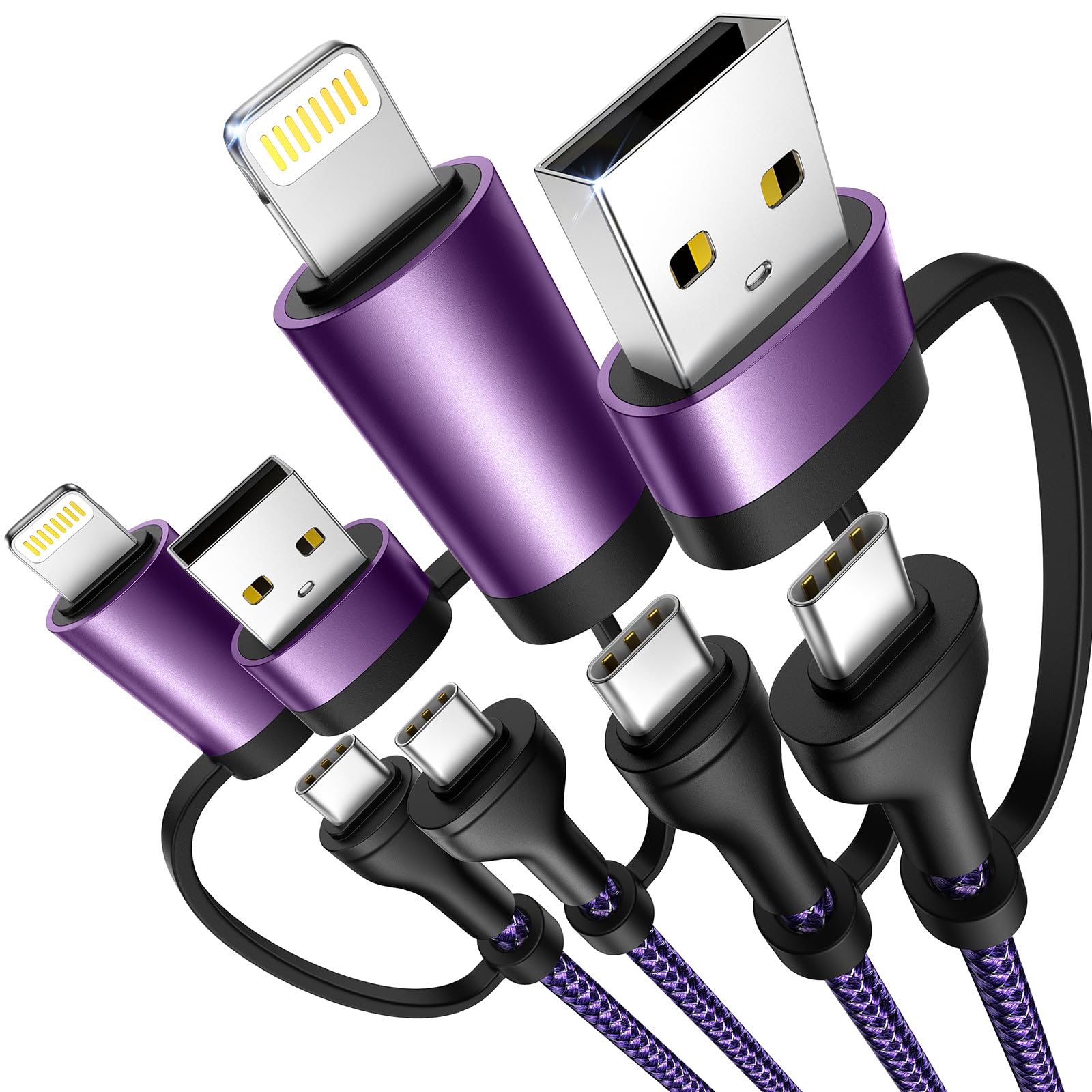 4-in-1 Fast Charging Cable 2-Pack (6.6ft) - 60W USB C to Lightning/USB A/Type C Multi Charger for iPhone 16/15/14, Samsung Galaxy, iPad & MacBook - Perfect for Home, Office & Travel Charging Needs