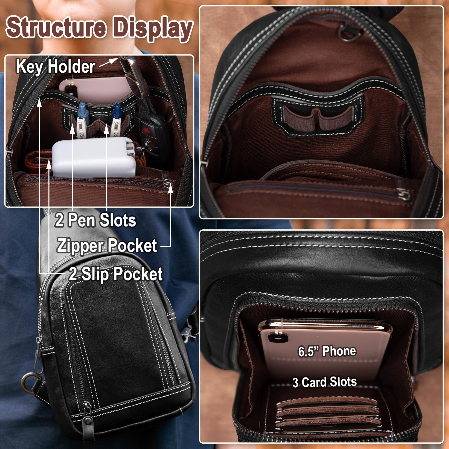 Genuine Leather Crossbody Sling Bag for Men & Women - Adjustable Shoulder Strap, Lightweight Chest Purse - Perfect for Travel, Hiking, Work & Daily Use