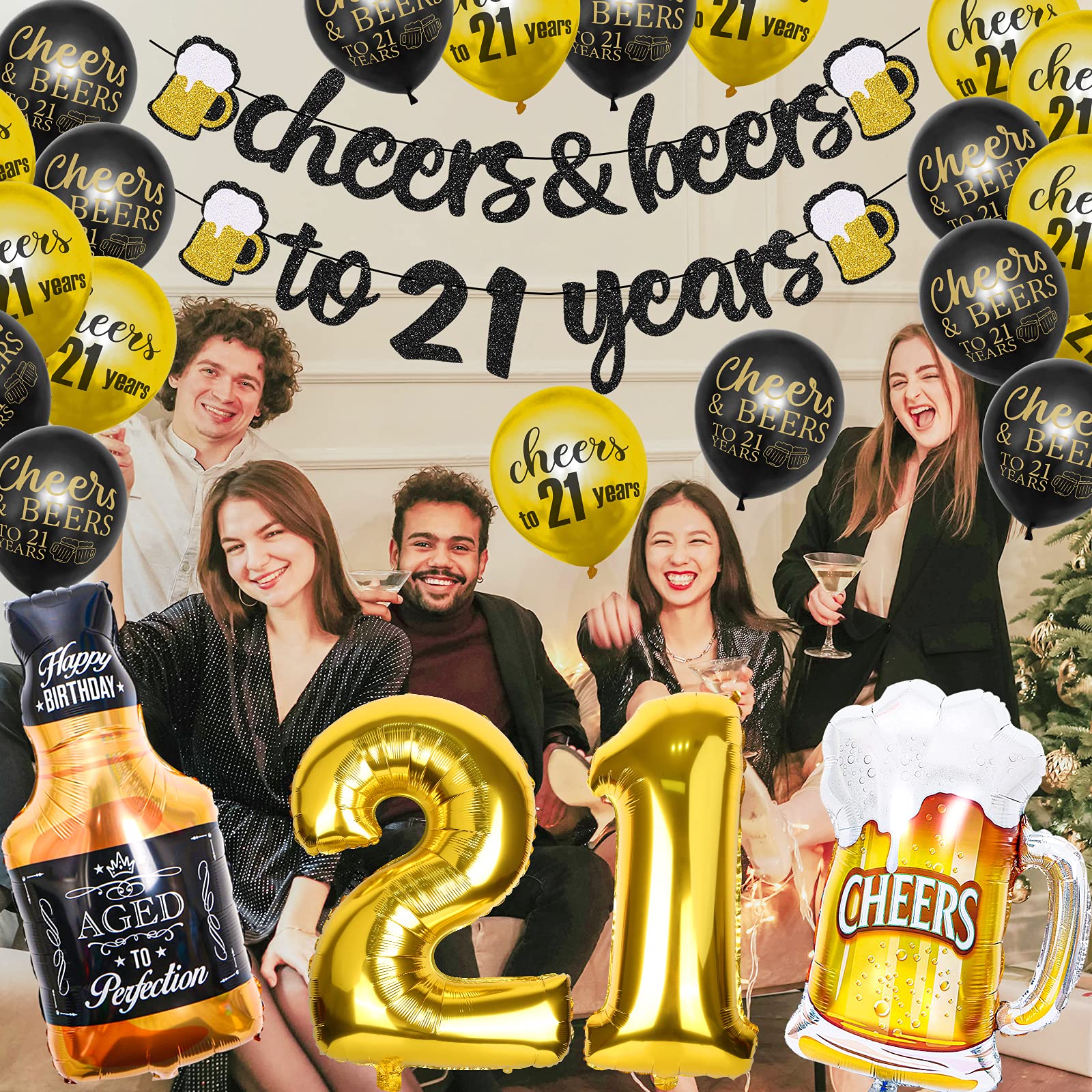 Joymee 21st Birthday Party Decorations - Black & Gold Banner for Women & Men | Happy Birthday Supplies for Boys, Girls, Him & Her | Perfect for 21st Birthday Parties & Wedding Anniversaries
