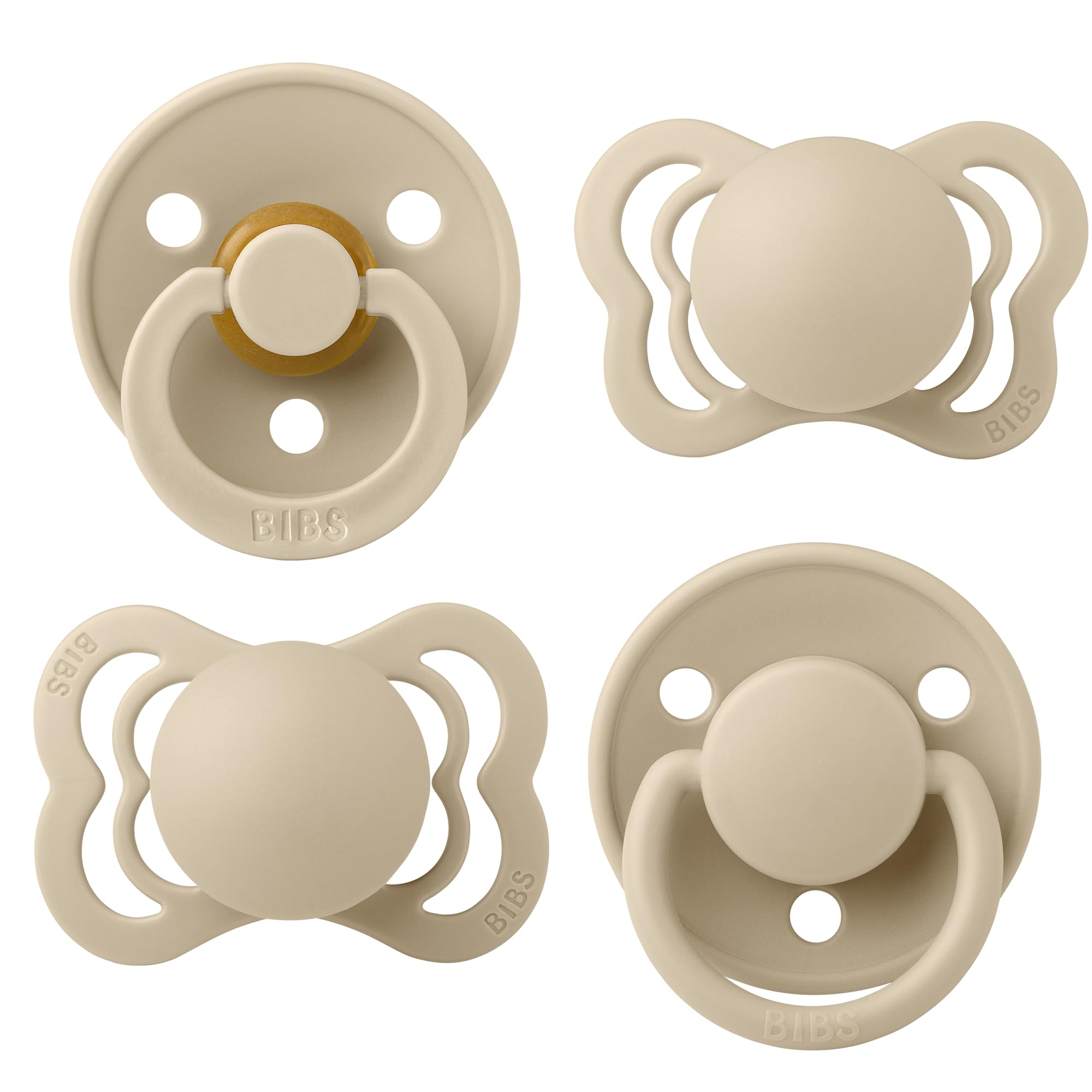 BIBS Pacifiers for Newborns 0-6 Months - 4-Pack BPA-Free Baby Soothers with Round, Anatomical & Symmetrical Nipple - Natural Rubber Latex/Silicone Pacifier Set - Made in Denmark - Vanilla Scented - Perfect for Daycare, Travel & Soothing Fussy Babies