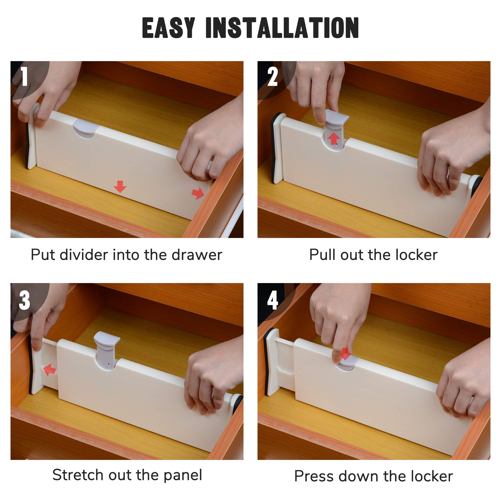 Yescom 4-Pack Adjustable Drawer Dividers - Expandable Organizer for Kitchen, Office & Bedroom Storage - White Plastic Division Boards for Utensils, Makeup, Office Supplies & More