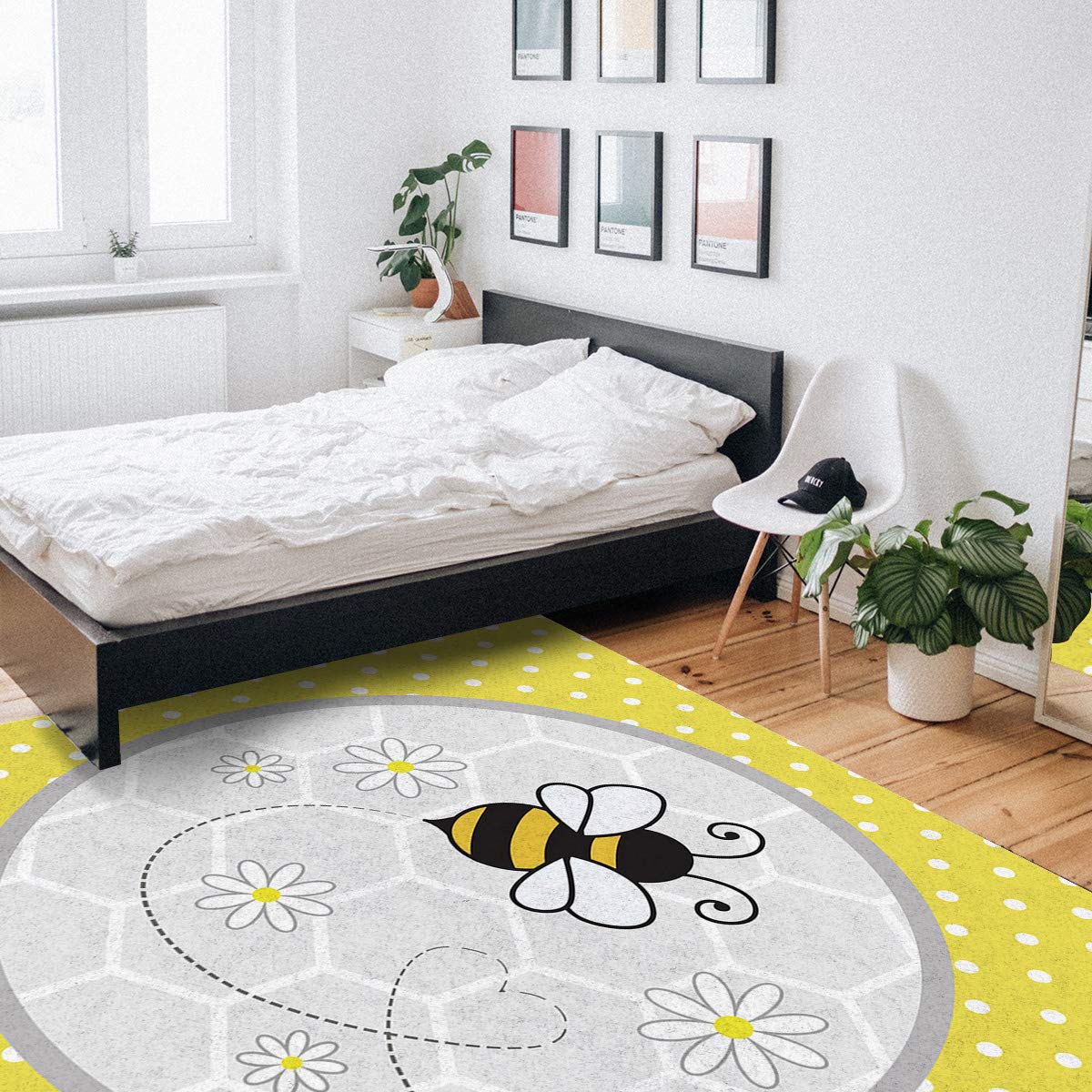 5'x8' Bee and Daisy Area Runner Rug - Washable Indoor/Outdoor Carpet for Kitchen, Living Room, Bathroom, Bedroom, Classroom & Laundry Room - Yellow Polka Dot Grey Honeycomb Welcome Mat for Entryway, Office Desk & Front Door Decor