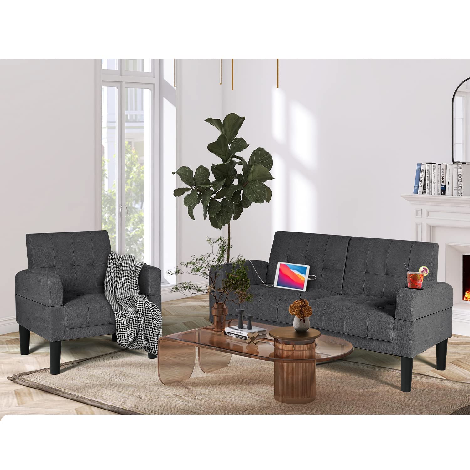 Modern 2-Piece Sectional Sofa Set with Tufted Mid-Century Loveseat & Accent Chairs - 2 USB Ports, 2 Cupholders - Dark Grey Living Room Furniture for Small Spaces, Apartments, Offices - Perfect for Entertaining Guests or Relaxing in Style