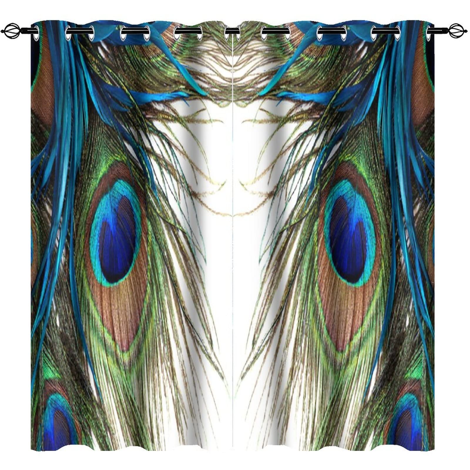 Peacock Blackout Curtains 55x63 Inch - 2 Panels Peacock Feather Print Grommet Window Drapes for Bedroom, Living Room & Kitchen - Light Blocking Thermal Insulated Room Darkening Curtains for Better Sleep & Energy Efficiency