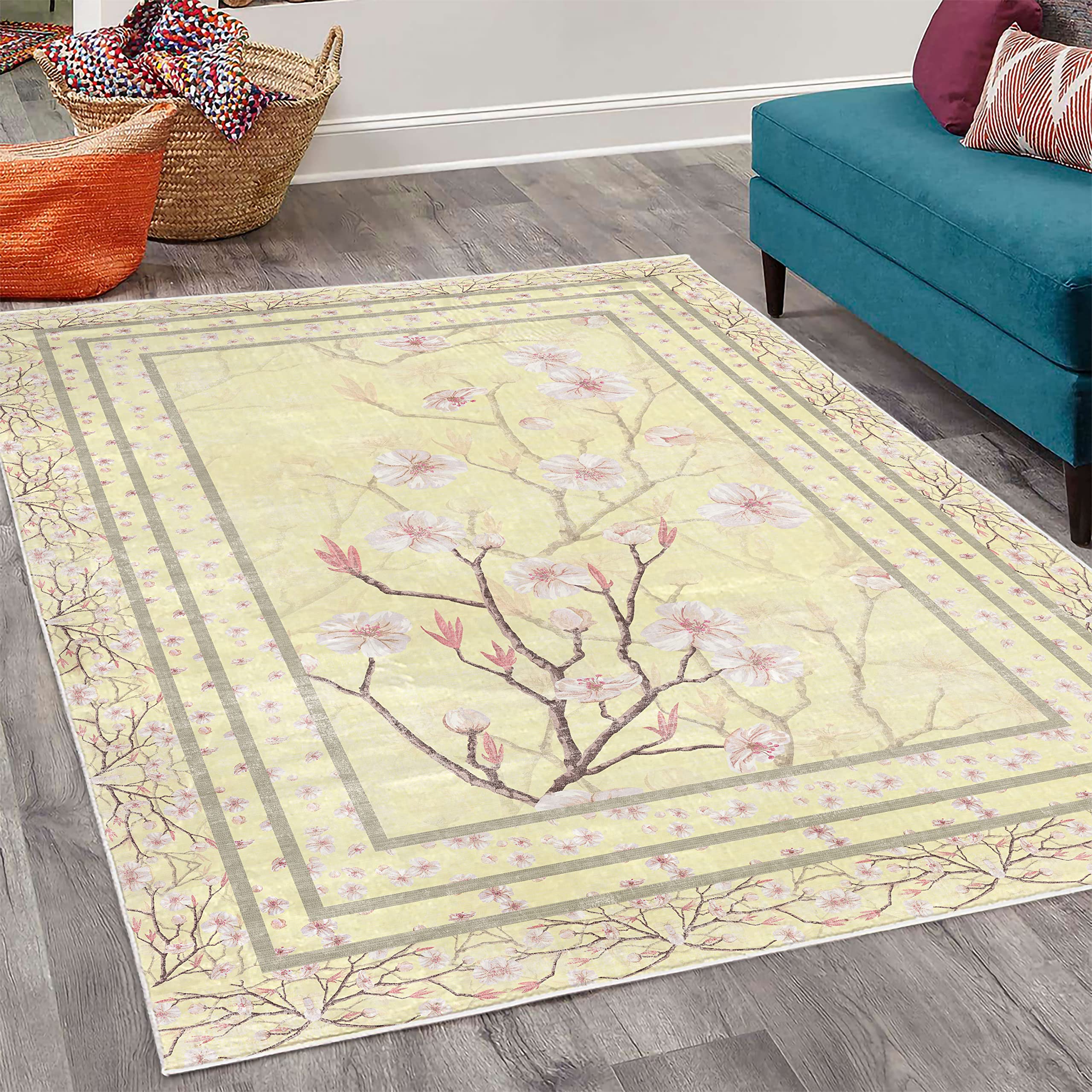 Ambesonne Floral Area Rug - Spring Apple Blossom Design with Nature-Inspired Branches, Soft Cream & Pale Rose Non-Slip Carpet for Bedroom, Living Room, Dorm (5'1
