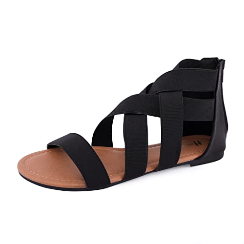 Women's Comfortable Elastic Gladiator Flat Sandals with Adjustable Ankle Strap - Perfect for Beach, Vacation, and Summer Casual Wear