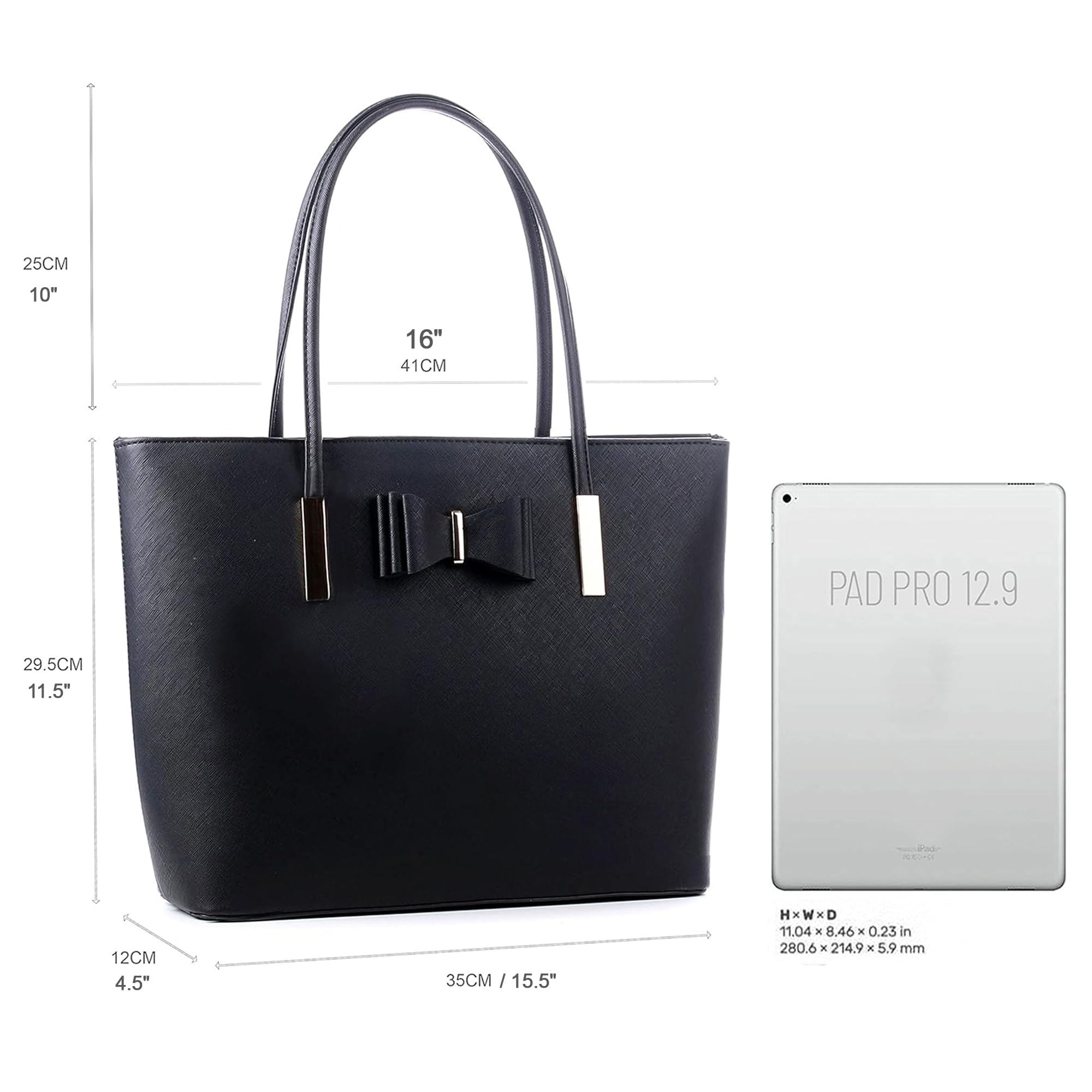 Stylish Black Travel Tote Bag for Women with Bow Detail & Zip Closure - Large Shoulder Handbag for Work, Laptop, Business & Weekend Getaways | Perfect for Office Commute, Business Trips & Travel Accessories