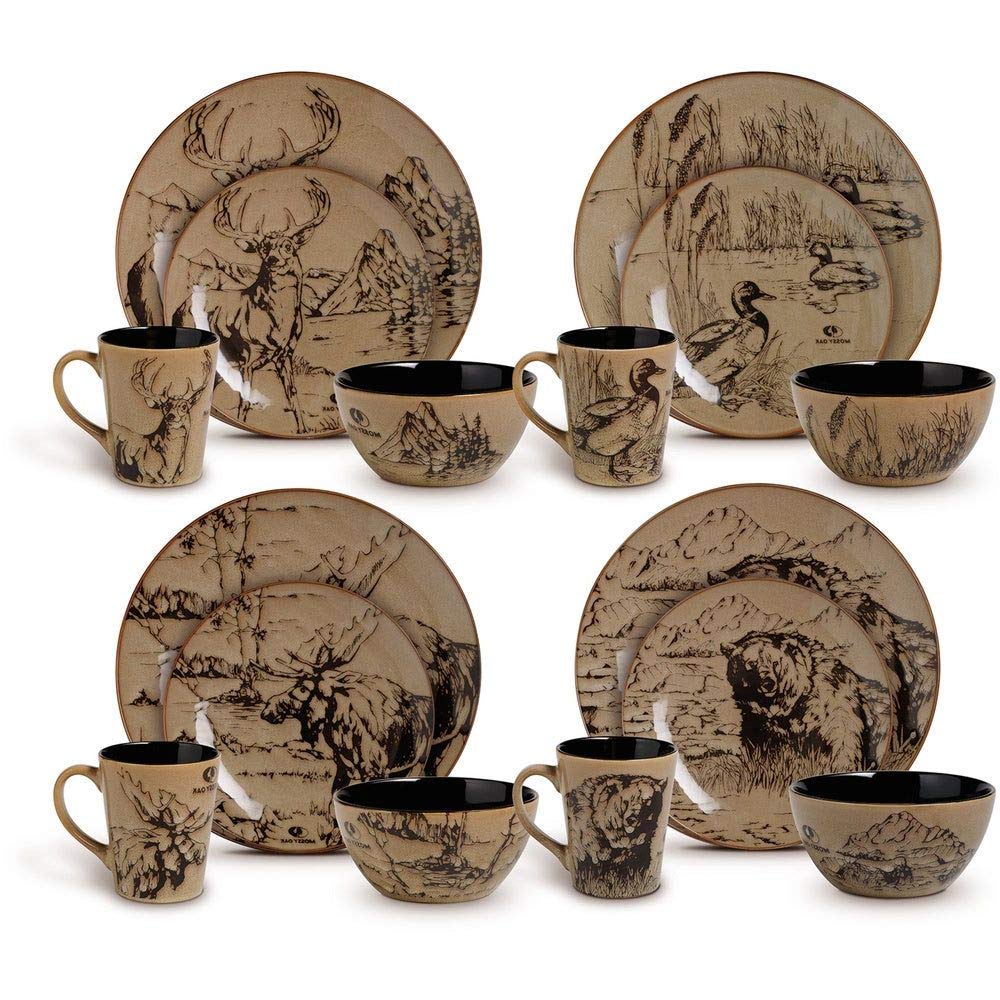 16-Piece Stoneware Dinnerware Set - Vintage Cabin Lodge Theme with Hunting Prints (Bears, Moose, Lions) in Black & Tan Brown - Farmhouse Style Round Plates & Bowls for 4 - Perfect for Rustic Dining, Cabin Retreats, and Outdoor Entertaining