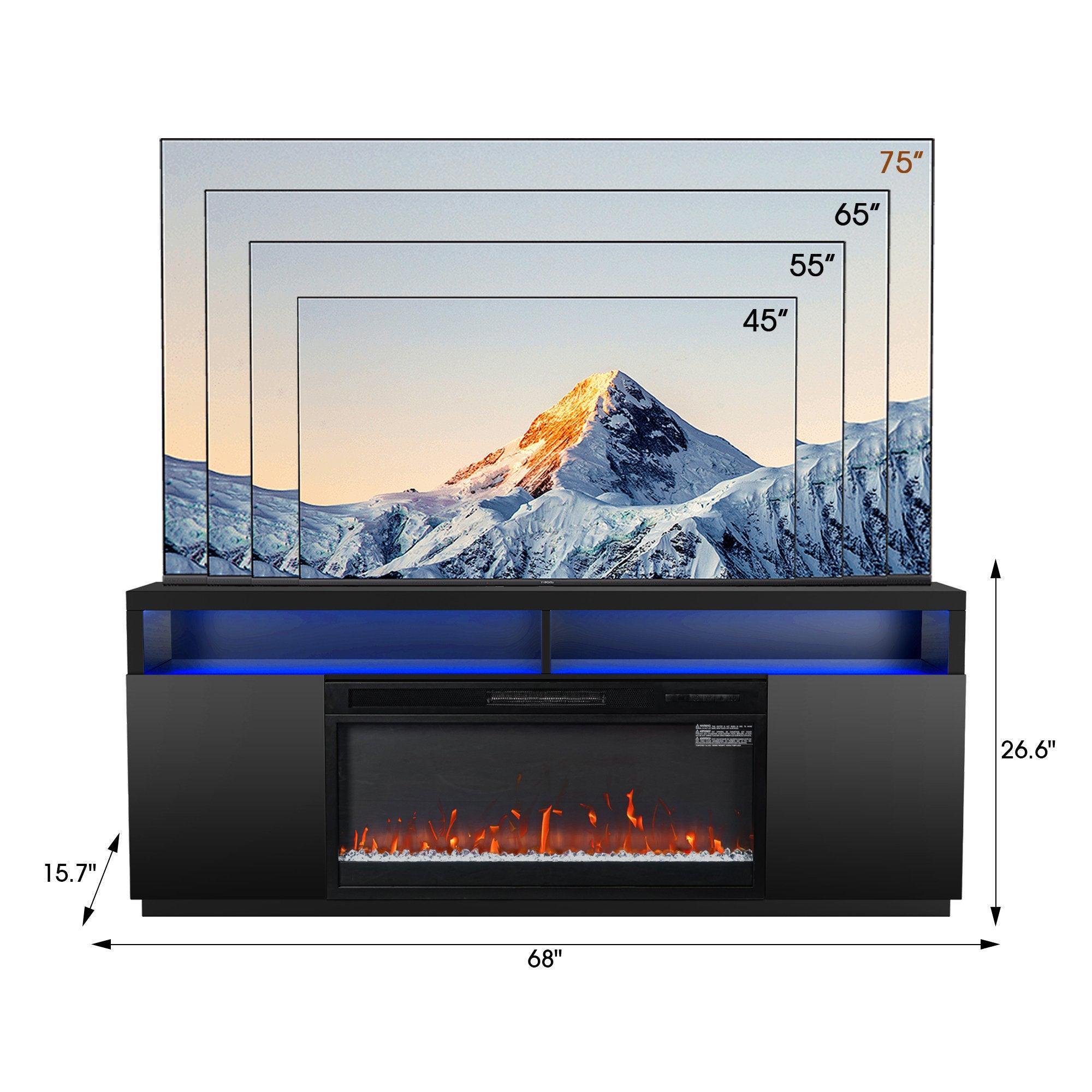 Modern 68-Inch LED TV Stand with 36-Inch Insert Opening & Electric Fireplace - Black or White - Perfect for Living Room Home Theater & Cozy Winter Nights