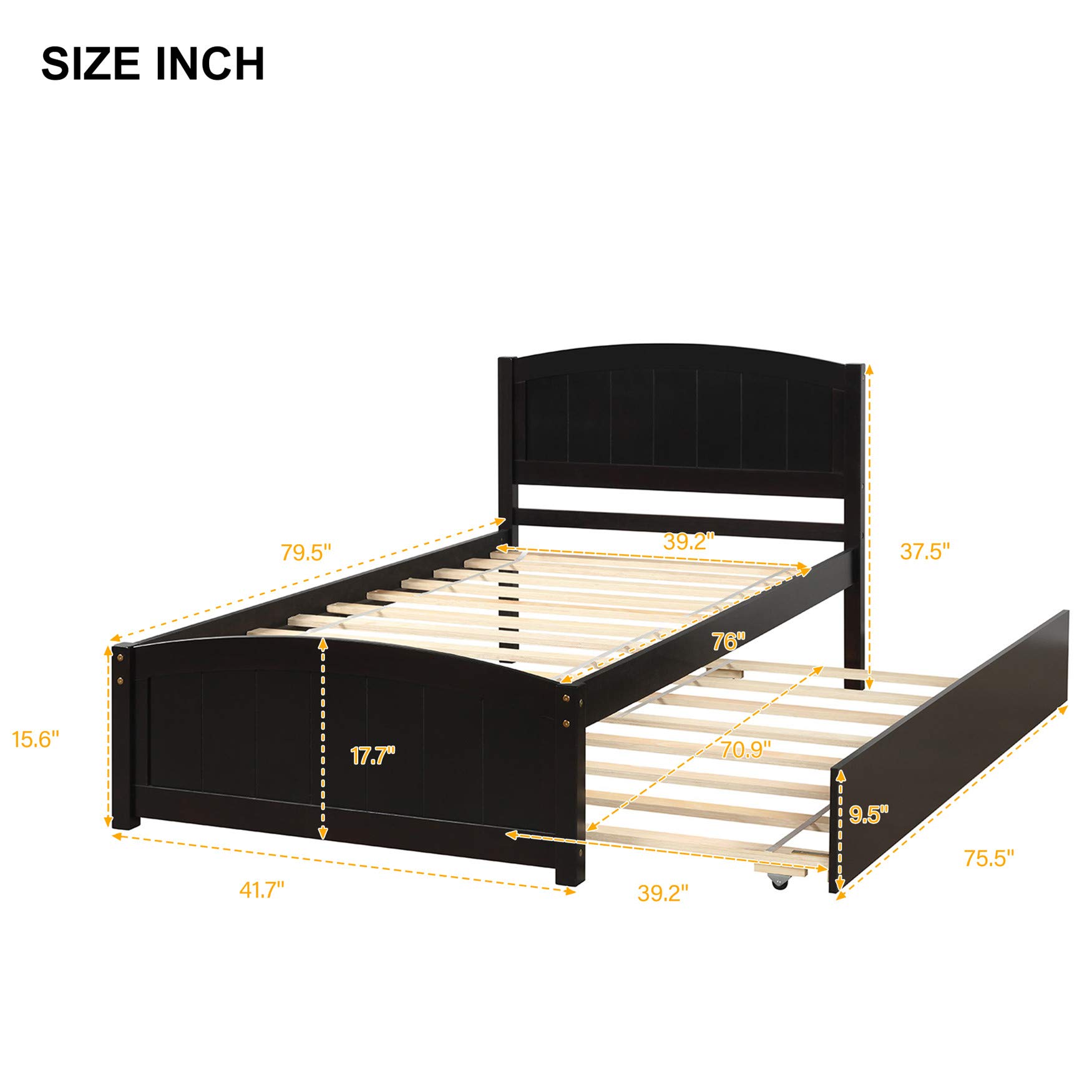 Solid Wood Twin Platform Bed with Headboard & Trundle - Finsbury Espresso for Small Spaces