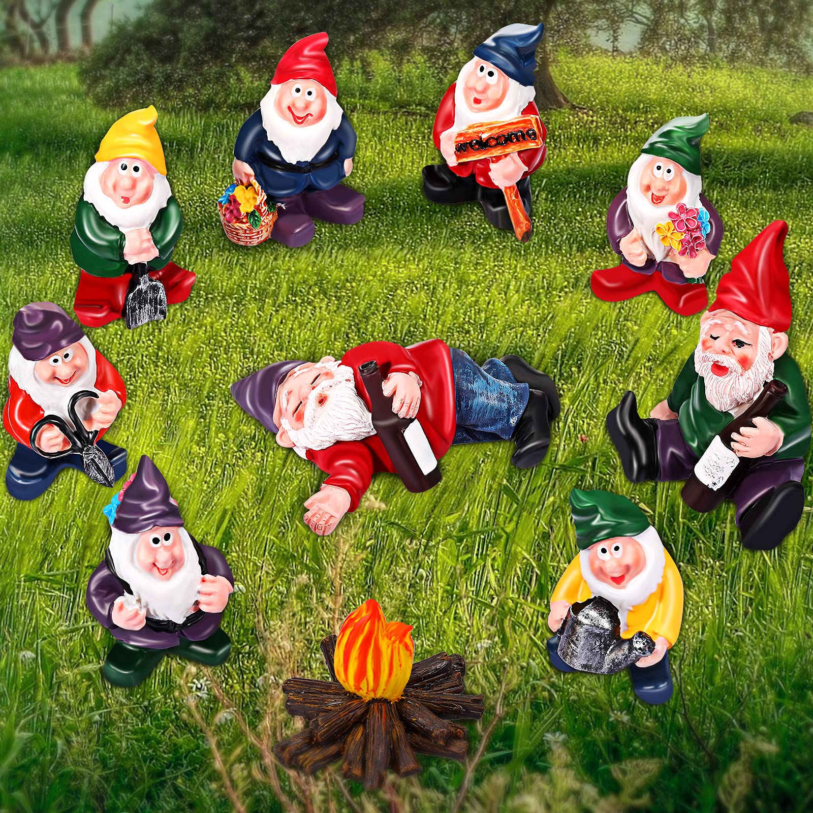 Jetec 10-Piece Mini Garden Gnome Ornament Set - Cute Dwarf Statues for Outdoor Decor, Potted Plants & Desktop Display | Perfect for Fairy Gardens, Lawn Decor & Home Office Decoration