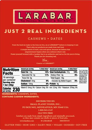 Larabar Cashew Cookie - Gluten Free Vegan Fruit & Nut Energy Bar, 1.7 oz (16 Count) | Healthy Snack for Hiking, Travel & On-the-Go Nutrition