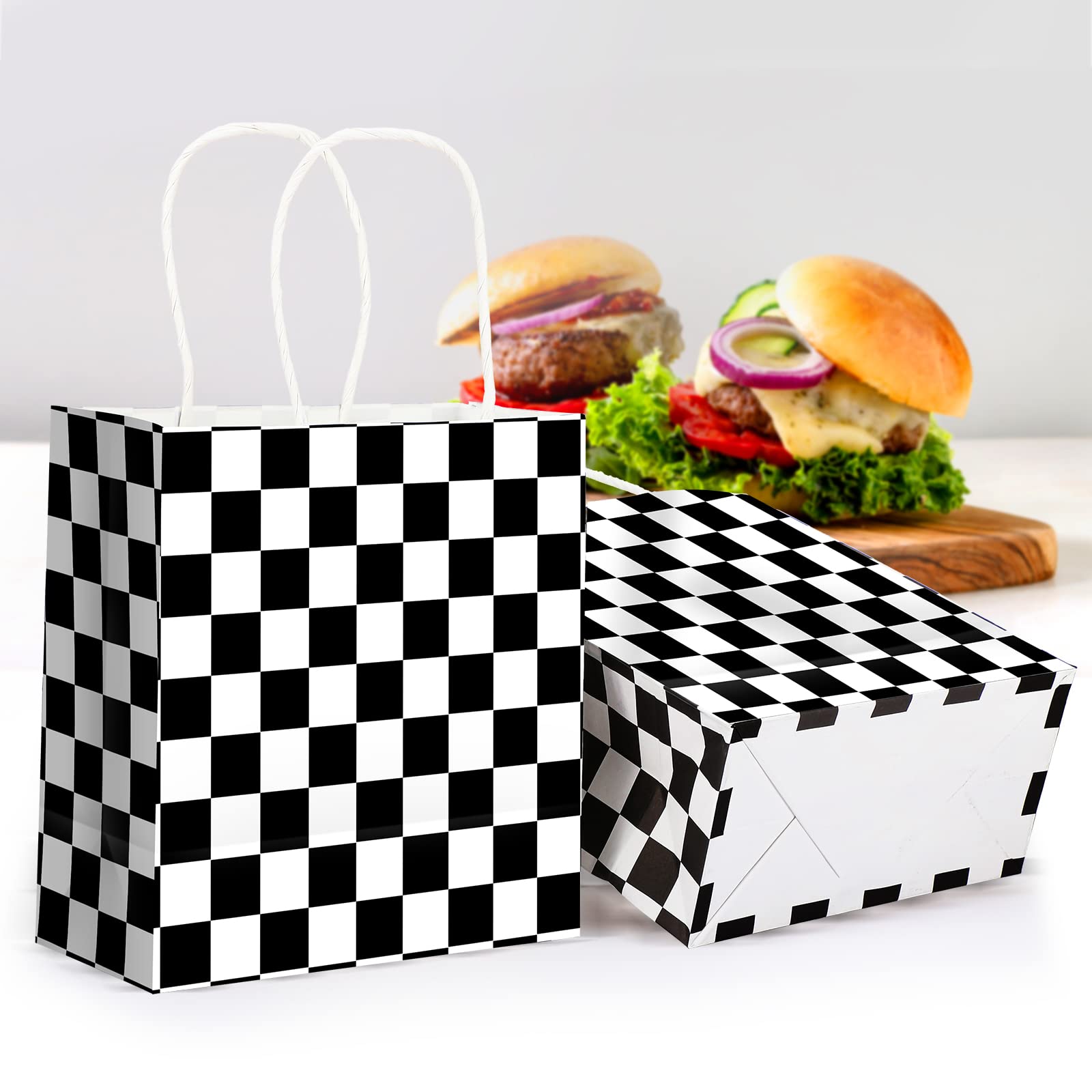 Marspark 24 Pcs Checkered Race Car Party Bags - Black & White Candy Gift Bags for Birthday Decorations & Favors