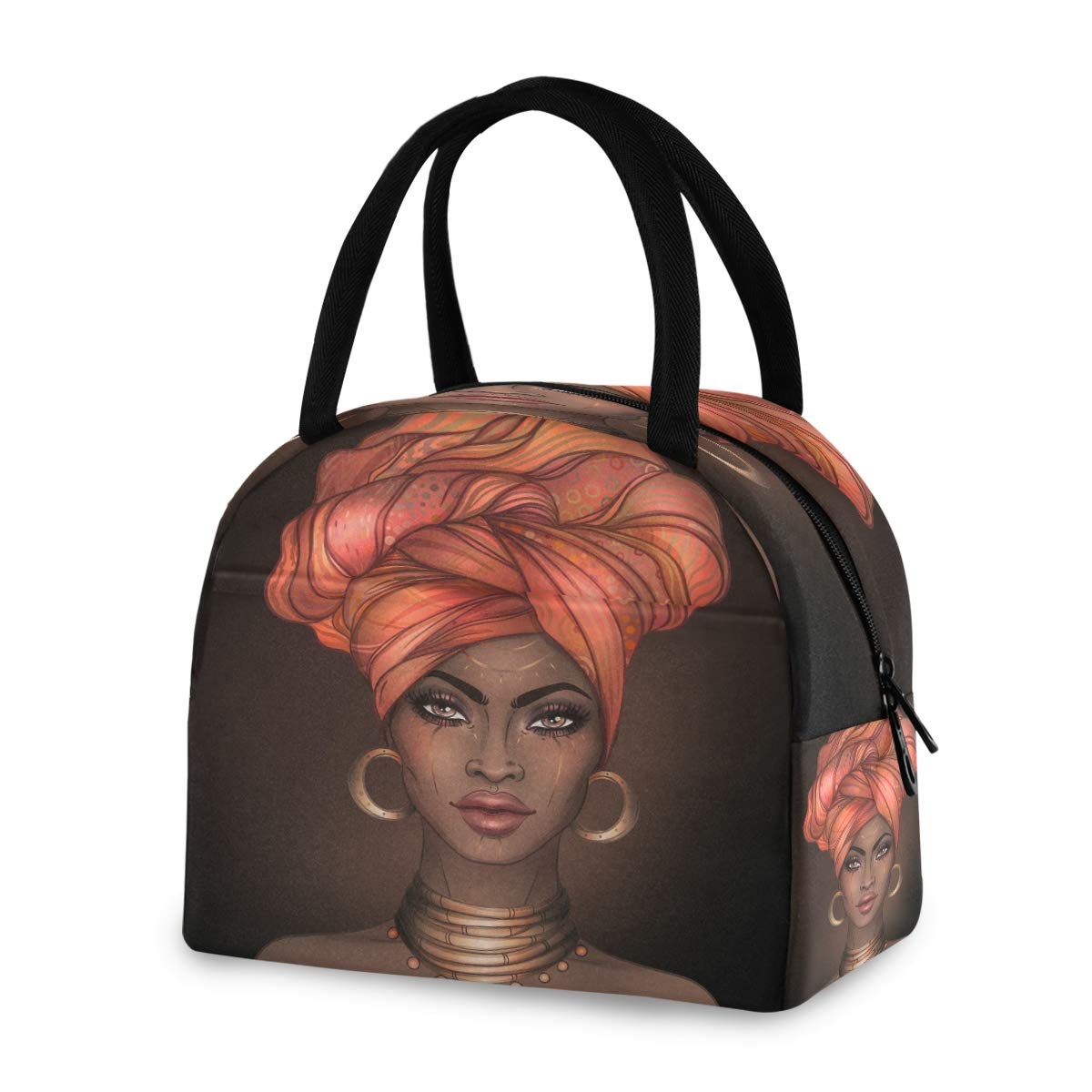 Stylish African Print Insulated Lunch Bag for Women - Reusable Tote Cooler Bag with Pretty Girl Design - Perfect for Work, School, Picnics & Outdoor Activities