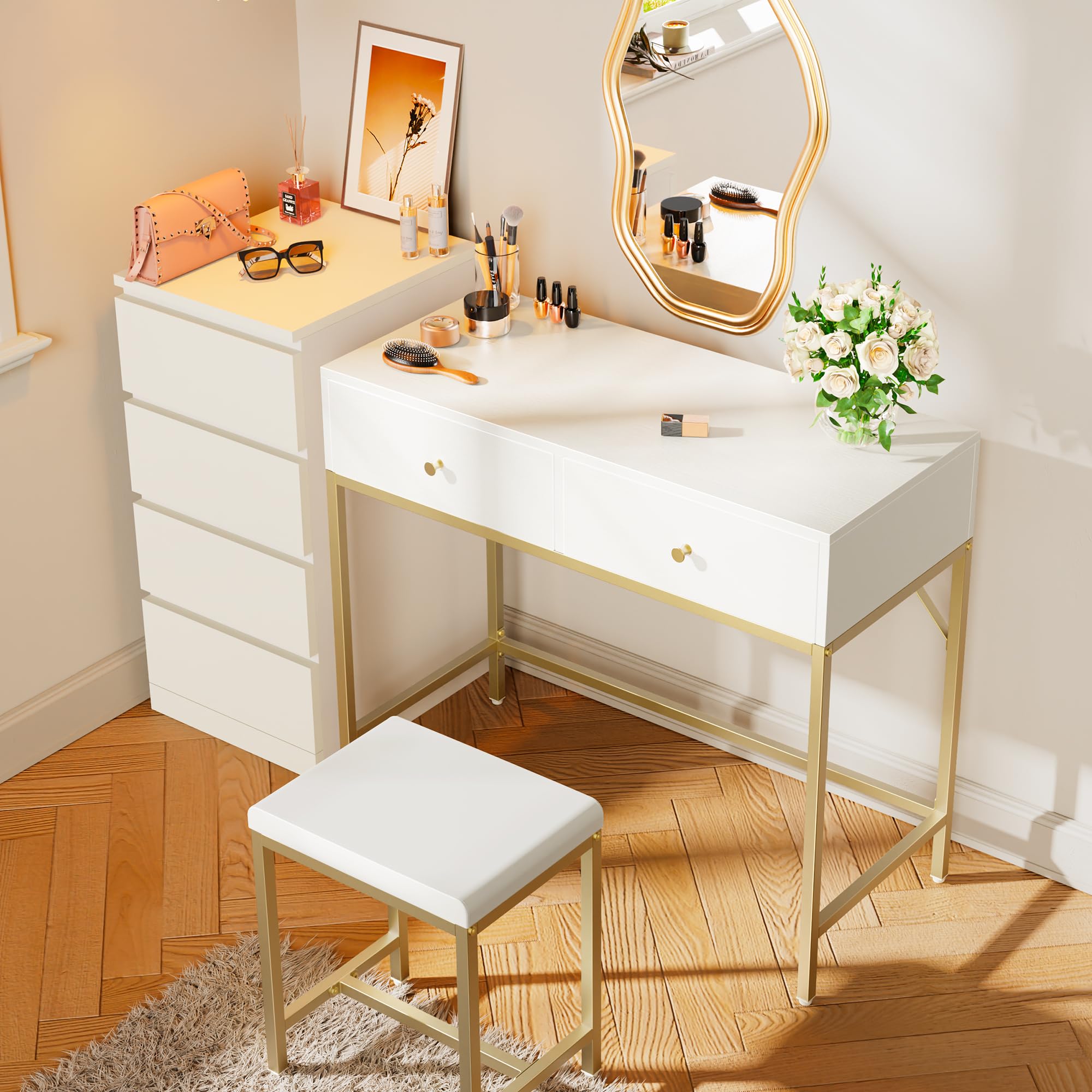 SUPERJARE 35.4 Inch White and Gold Modern Vanity Desk with 2 Drawers & Padded Stool - Elegant Makeup Dressing Table, Compact Computer Desk for Home Office, Study, Bedroom | Perfect for Small Spaces, Makeup Application, Remote Work & Study Sessions