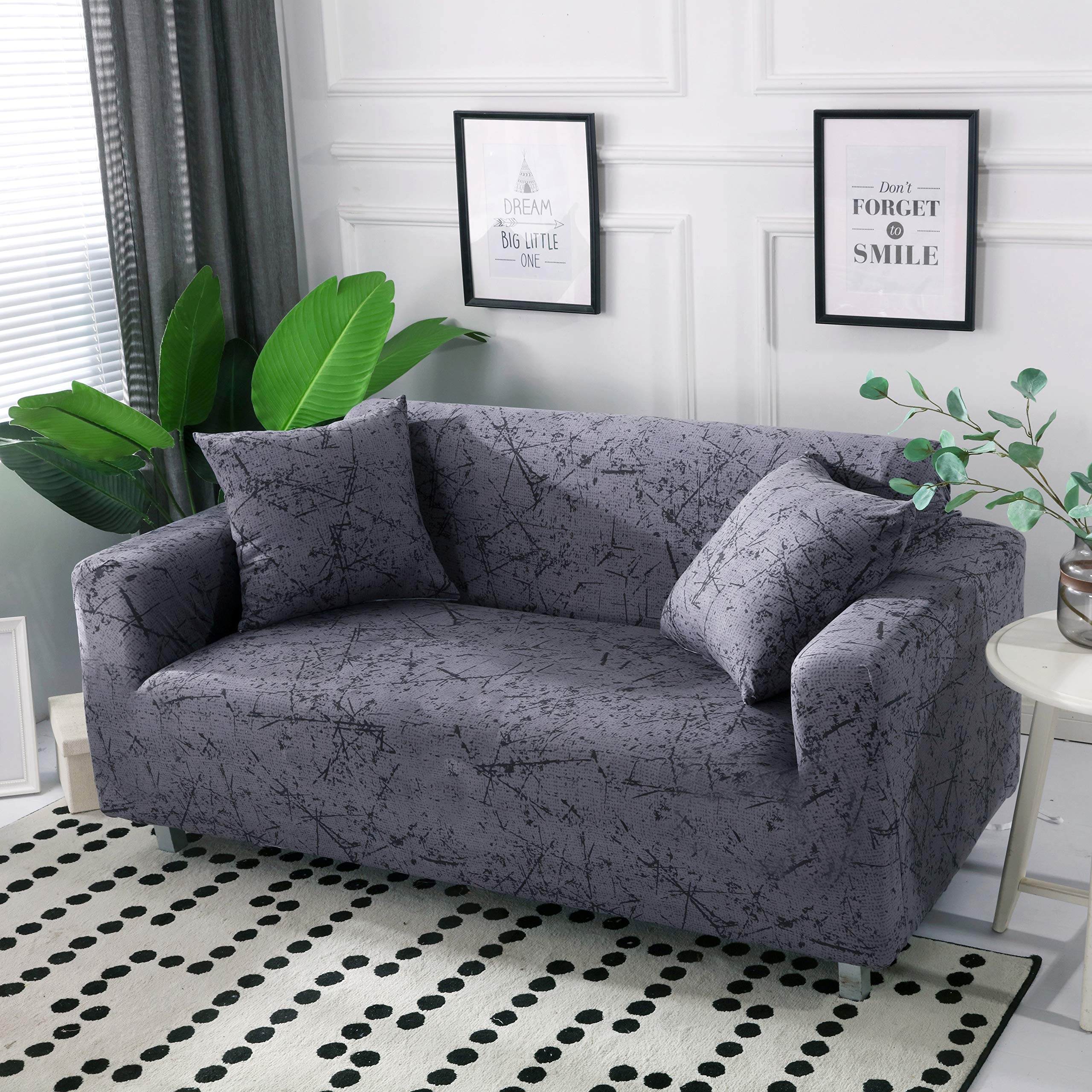 HOOBUY Printed Stretch Sofa Slipcover for 4-Cushion Couch - Includes 2 Free Pillow Cases (Fits 4-Seater/Large 3-Seater Couches) - Perfect for Living Room Decor, Home Styling & Pet Protection