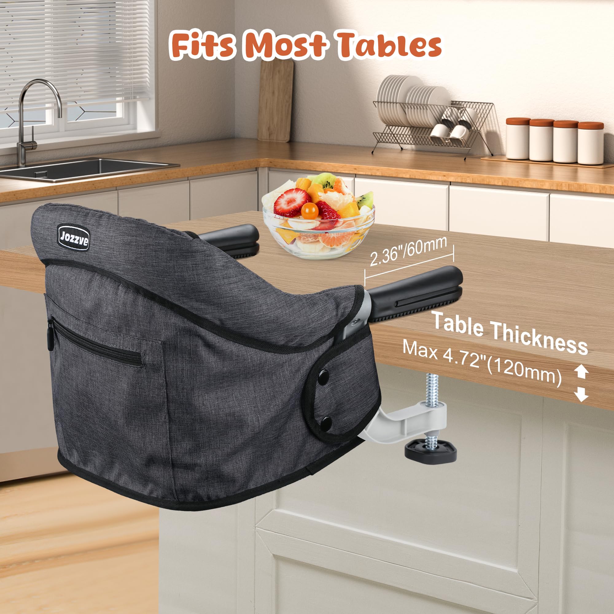 **Jozzve Hook On High Chair - Portable & Foldable Baby Feeding Seat with Storage Bag - Travel & Home Use - Ideal for Dining, Restaurants & Outdoor Activities (Black)**