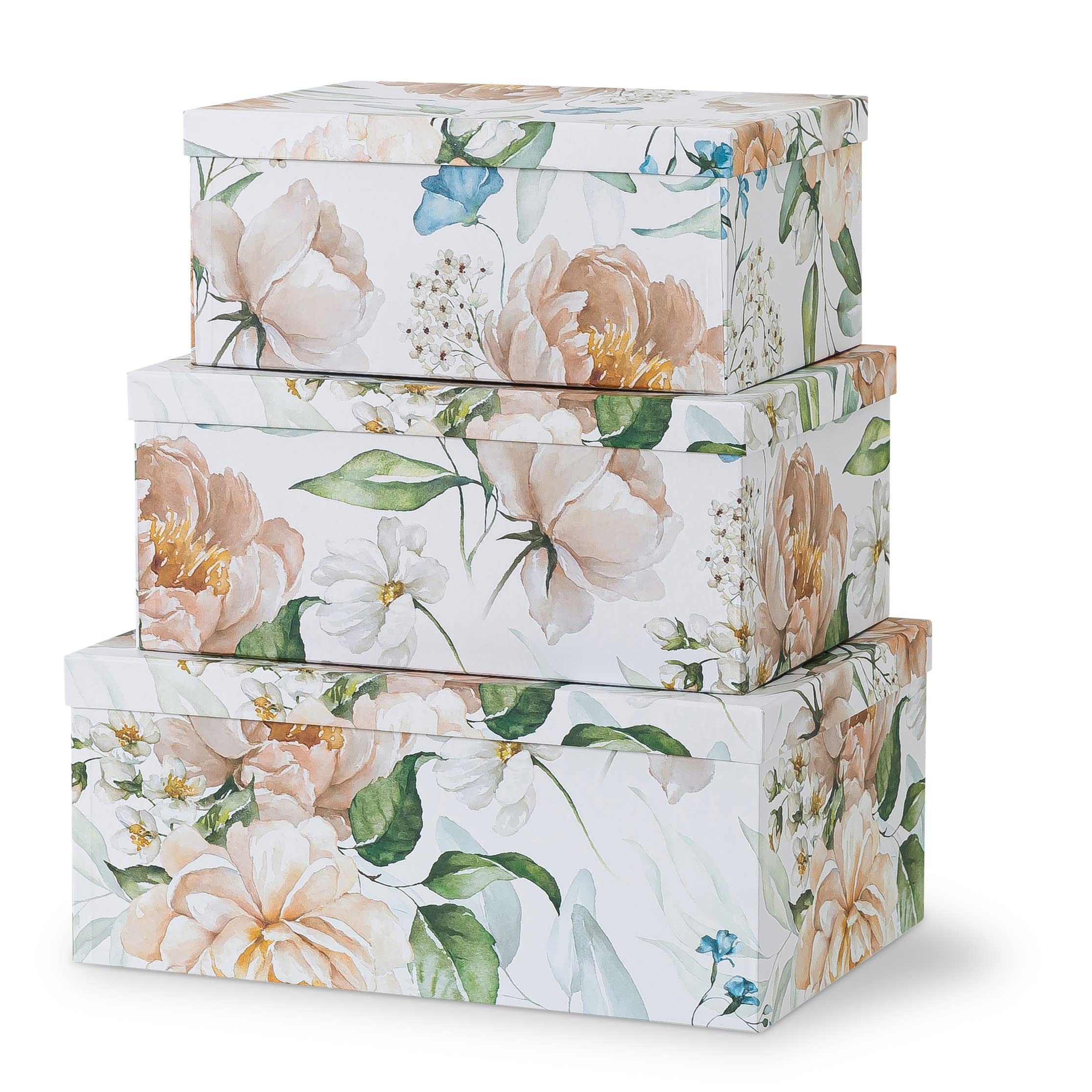 Decorative Cardboard Storage Boxes with Lids - Set of 3 Large Floral Keepsake Boxes for Home Organization, Photo Storage & Gift Wrapping | Perfect for Bedroom, Closet & Memory Keepsakes
