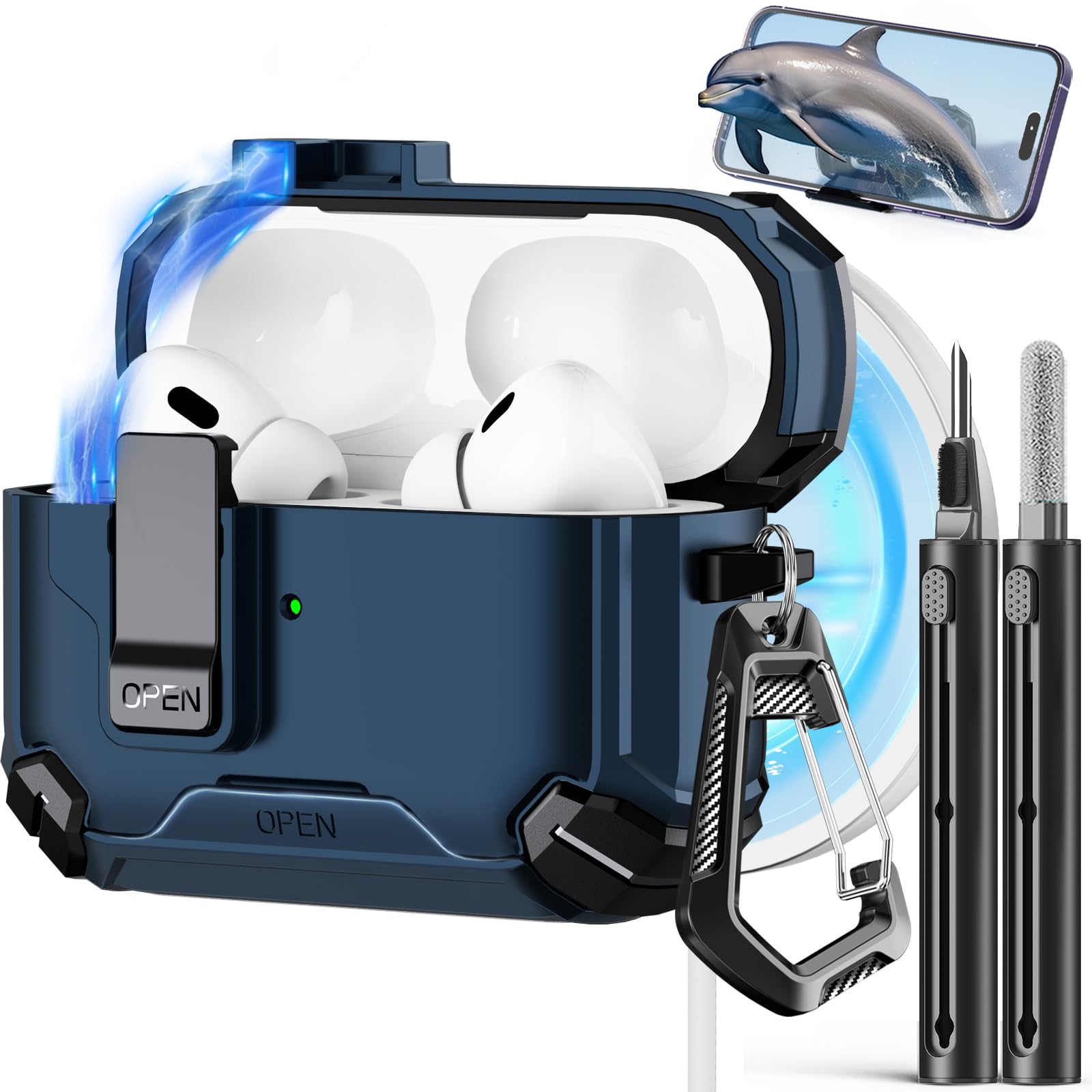 AirPods Pro 2nd/1st Gen Compatible Case with MagSafe - Magnetic Auto-Locking Phone Stand & Cleaning Kit for iPod Pro Charging Case (Includes USB-C/Lightning Cable) | Perfect for Travel, Work & Home Use