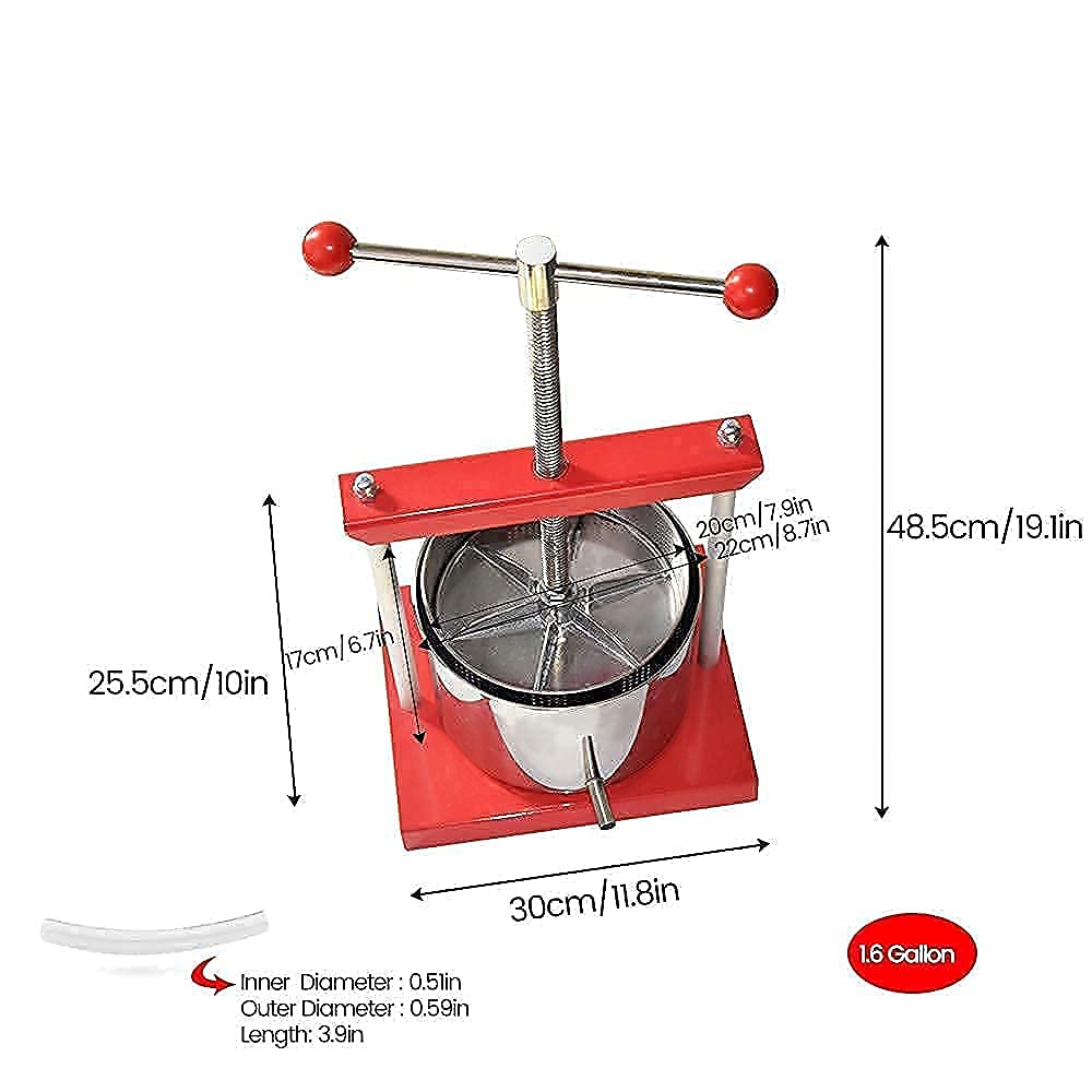 Premium Manual Fruit Wine Press - 1.6 Gallon (6L) & 1.8 Gallon (7L) Dual Capacity for Grapes, Berries, and Herbs | Ideal for Home Brewing, Cider Making, and Juice Extraction