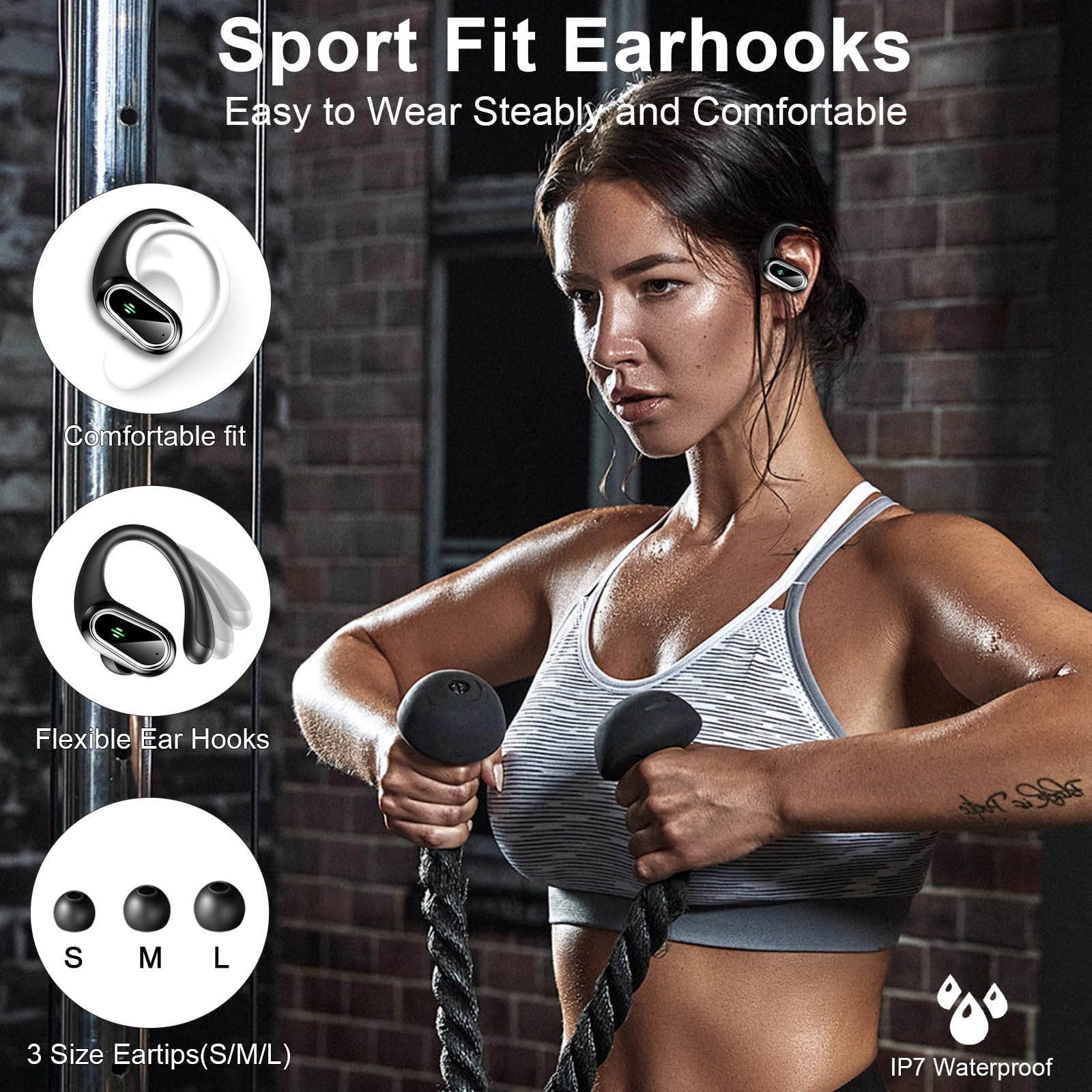Wireless Bluetooth Earbuds with Earhooks - 50H Playtime, ENC Noise Canceling Mic, Deep Bass & IP7 Waterproof - Ideal for Running, Workout & Sports | Digital Display Case