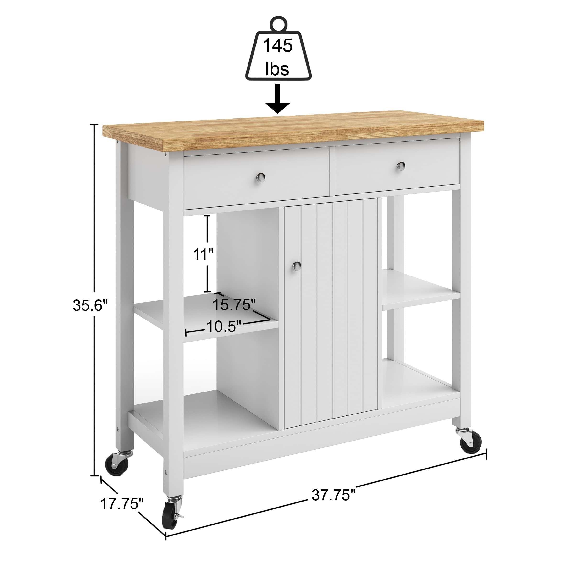 Premium White Kitchen Island with Drawers & Locking Wheels - Mobile Rolling Cart for Coffee Bar, Microwave Stand, Pantry Storage - Perfect for Small Kitchens, Apartments & Entertaining Guests