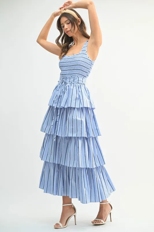 Spring Pin Stripe Layered Midi Summer Dress for Women - Floral Print Casual Sundress for Beach, Vacation & Outdoor Parties