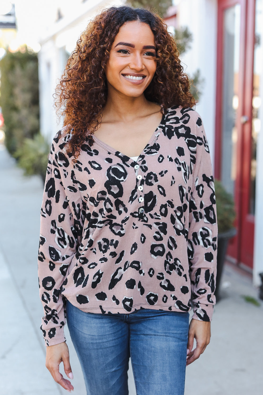 Be Bold Beige Rib Animal Print Button Front Dolman Pullover Sweater - Trendy Casual Wear for Women, Perfect for Office, Date Night & Fall Outfits