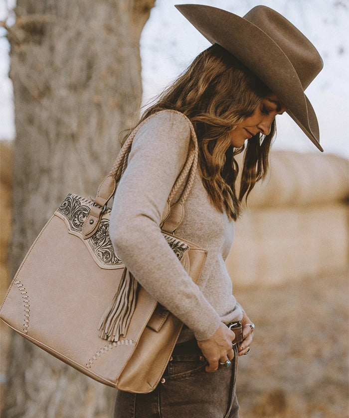 Montana West Genuine Leather Tooled Fringe Tote Bag for Women - Stylish Western Handbag for Work, Travel & Everyday Use