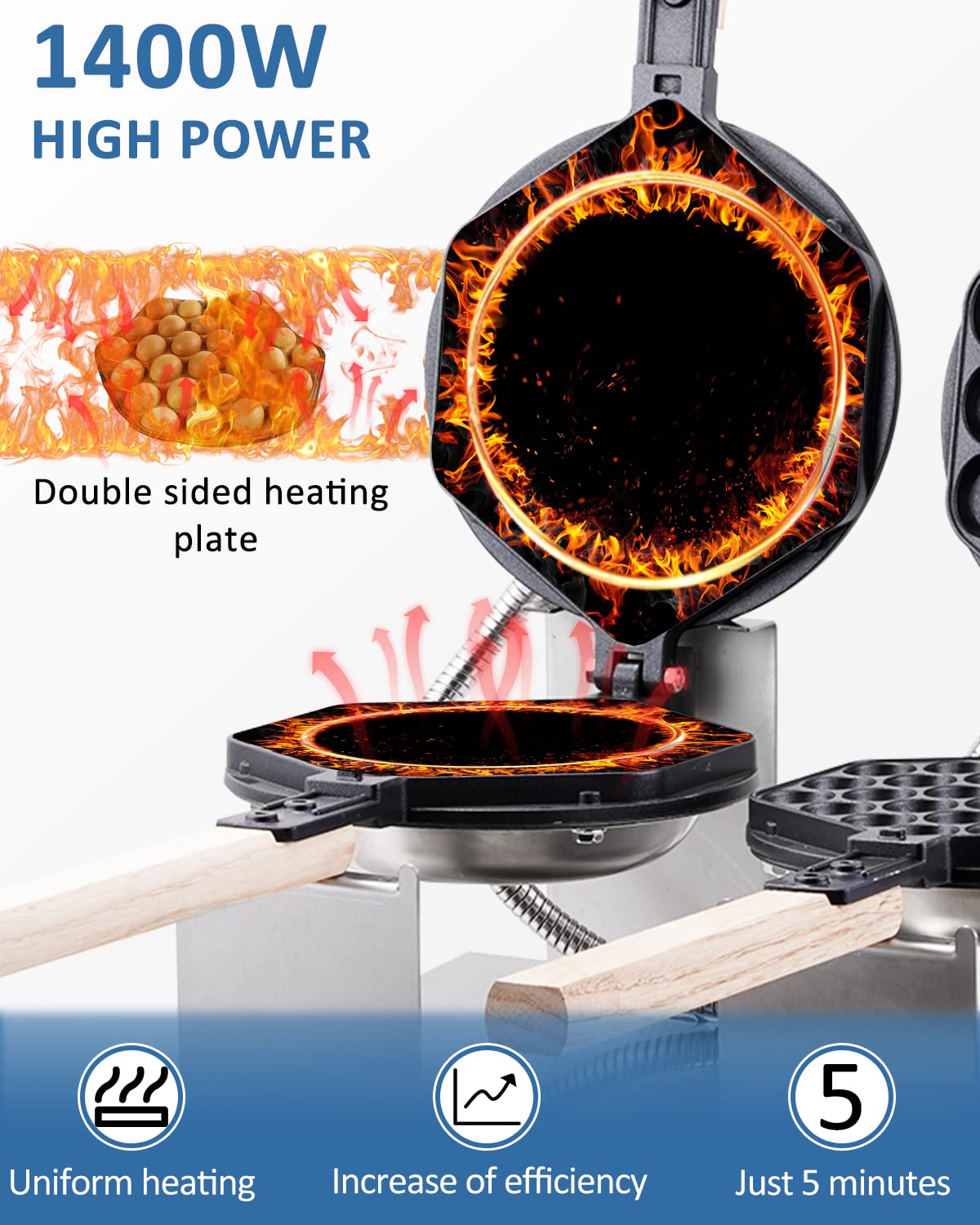 BAOSHISHAN 2800W Commercial Bubble Waffle Maker - Double Grid Electric Waffle Machine with 50-250°C Temperature Control, 180° Rotation & 0-5 Min Timer - Perfect for Cafes, Snack Shops & Home Breakfast (220V)