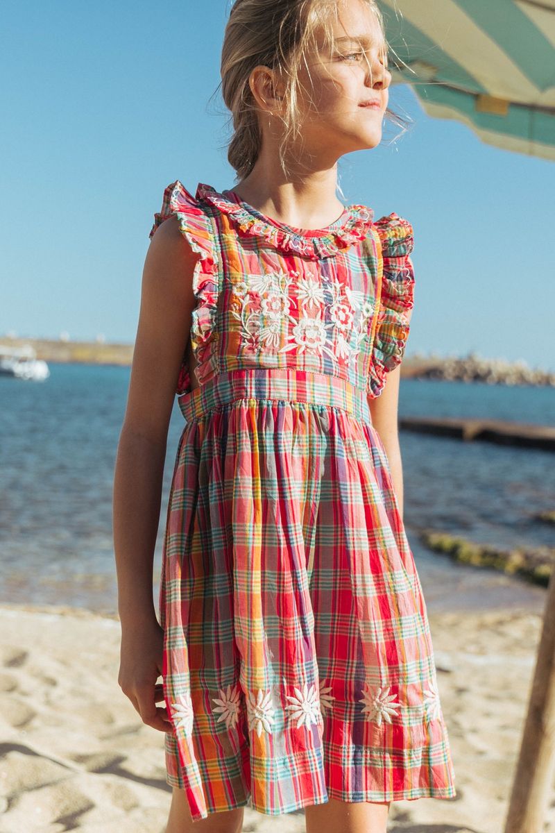 Mini Clover Dress in Red Madras Plaid - Women's Vintage Style Floral Summer Dress for Casual Outings, Picnics & Date Nights