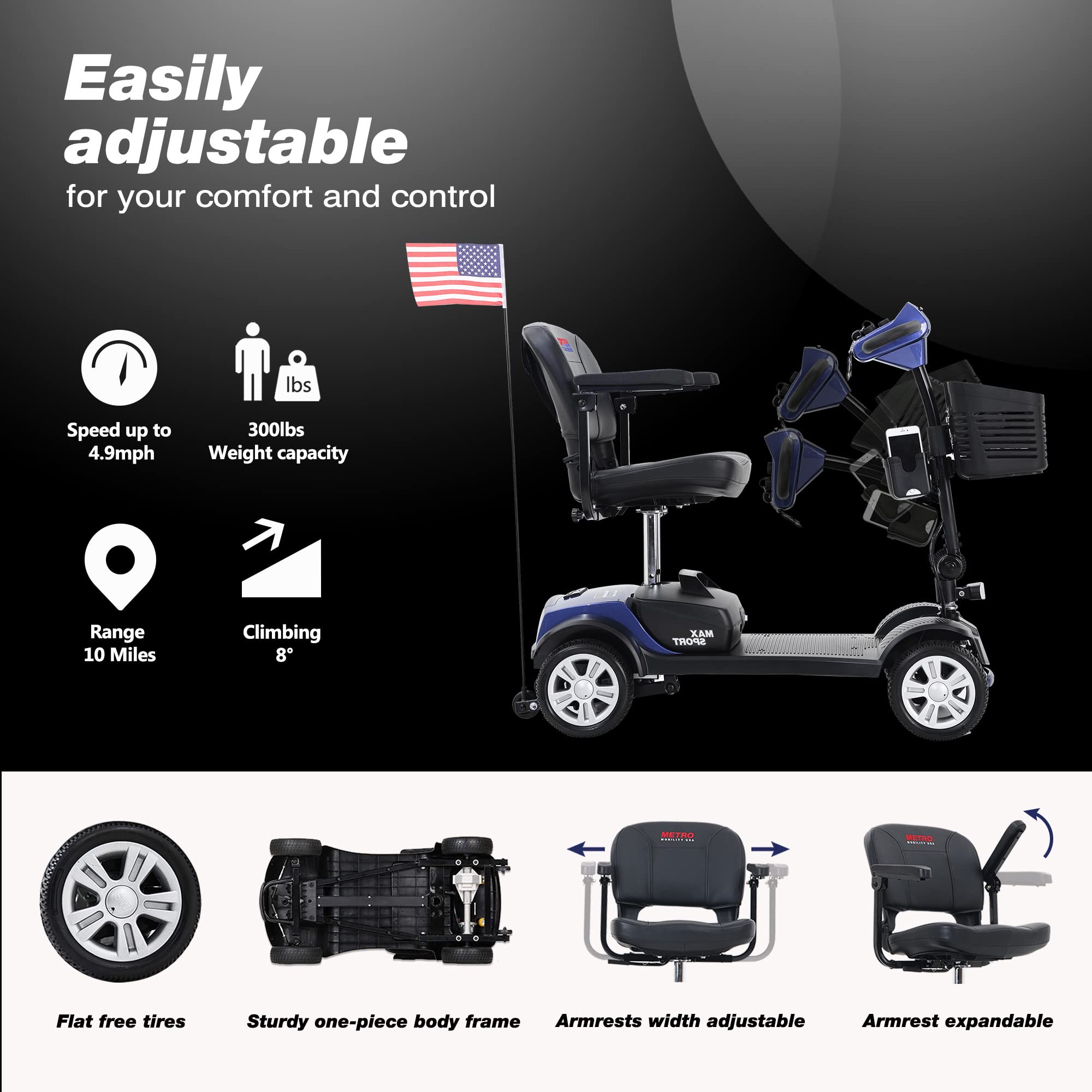 Compact Heavy Duty Folding Mobility Scooter for Seniors & Adults - 300 LBS Weight Capacity Electric Powered Wheelchair - Travel Scooter with Cup & Phone Holder (Blue) - Ideal for Outdoor Use, Shopping Malls, and Airport Travel