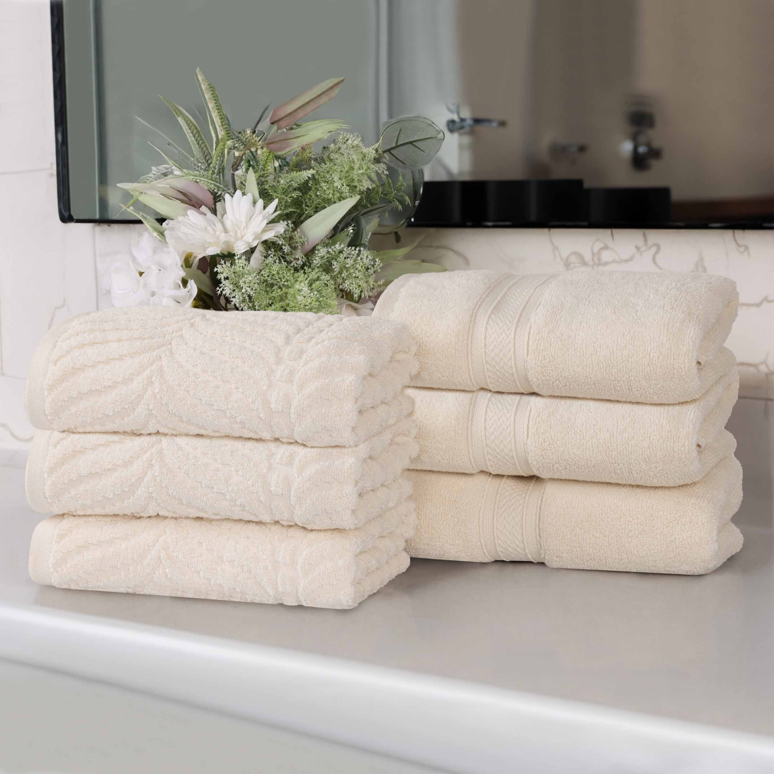 Premium 100% Zero Twist Cotton Hand Towels - Set of 6 | Soft & Absorbent Solid & Jacquard Chevron Design | Perfect for Bathroom, Kitchen & Guest Use