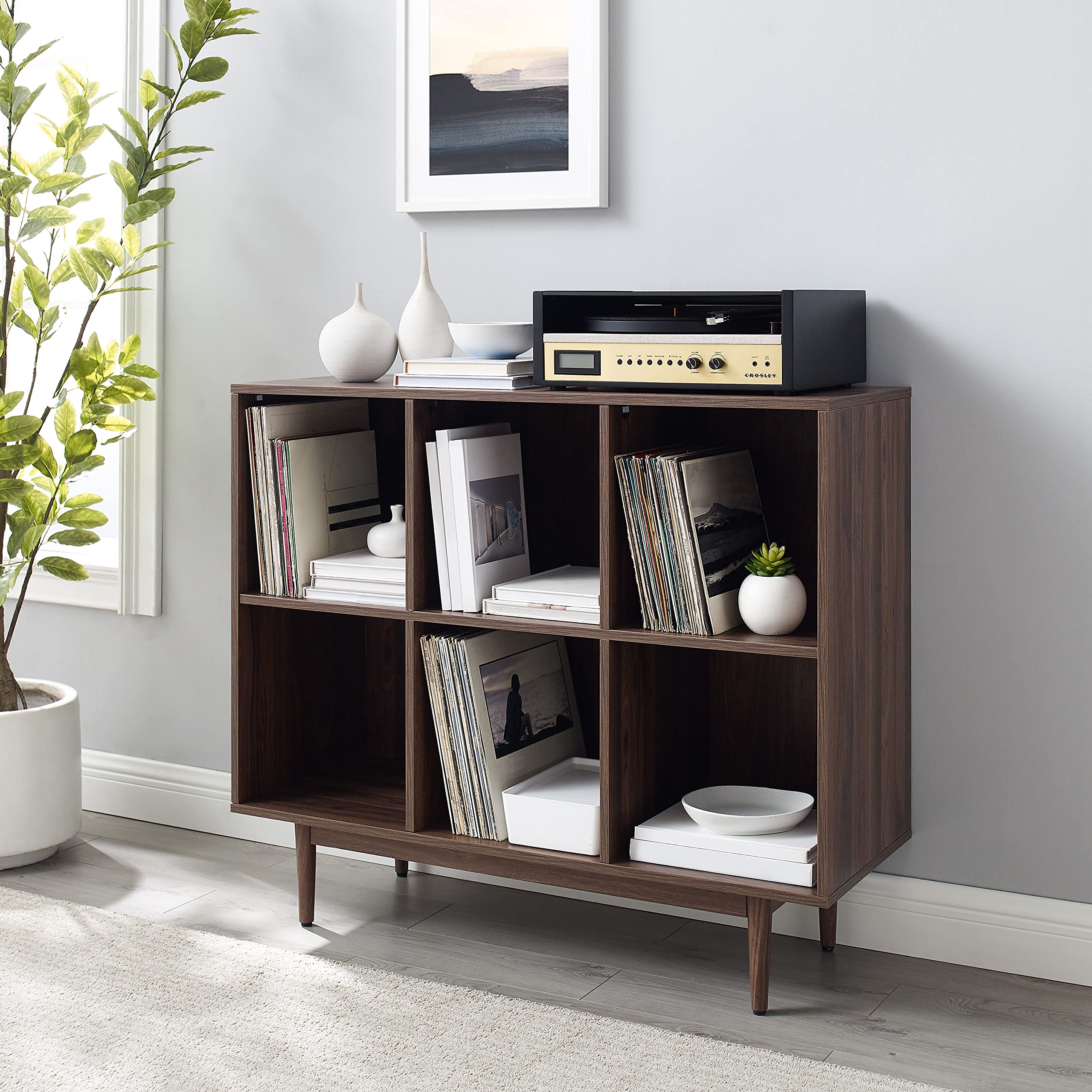 Crosley Liam 6-Cube Storage Bookcase - Vinyl Record Holder & Bookshelf in Walnut - Perfect for Living Room, Bedroom, or Home Office Organization