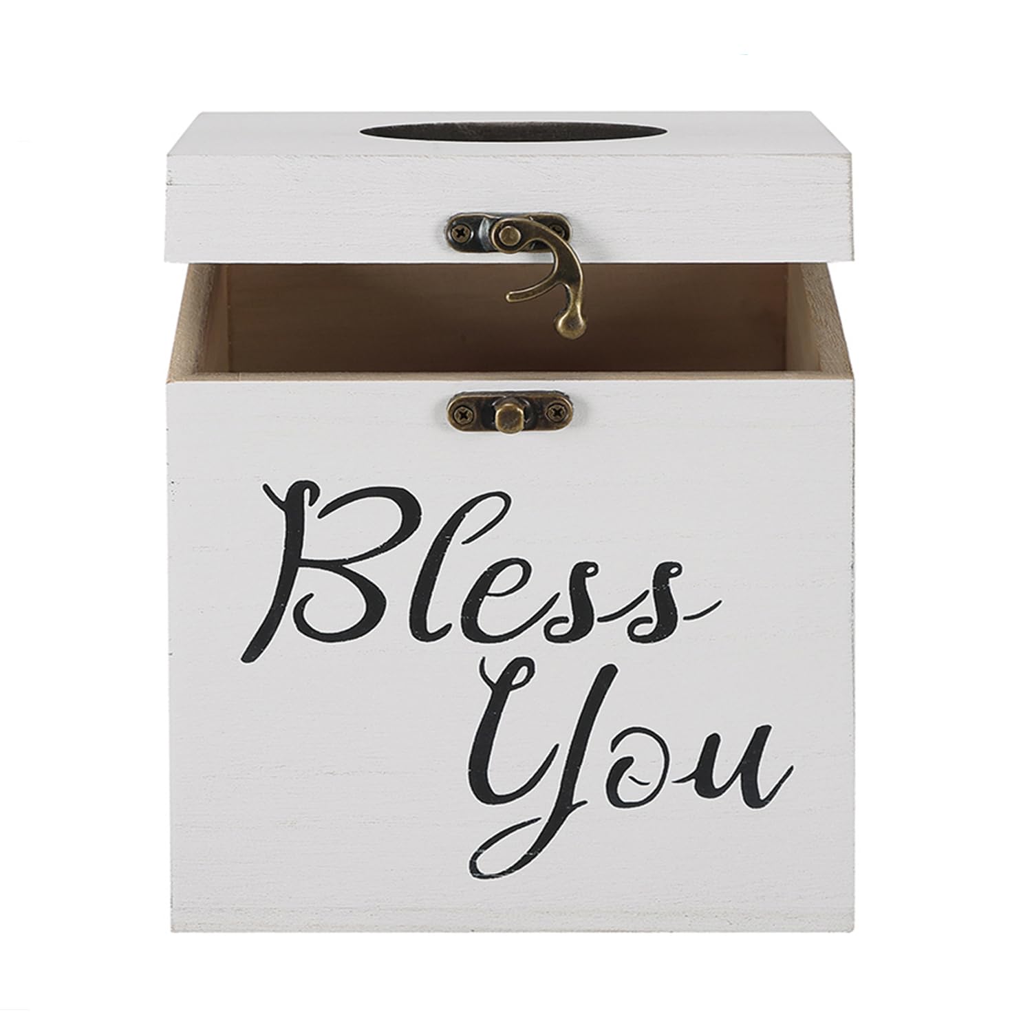 Bless You Tissue Box Cover - Wooden Square Farmhouse Style Toilet Paper Holder (Classic White) | Decorative Bathroom & Living Room Tissue Box Organizer