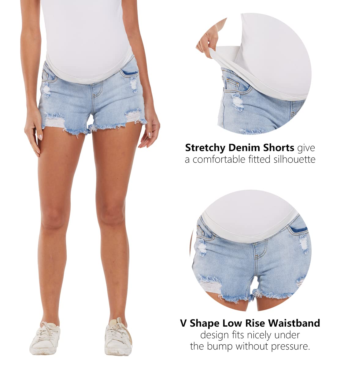 Foucome Women's Maternity Ripped Denim Shorts - Distressed High Waist Stretch Jeans Shorts for Summer Pregnancy Comfort | Perfect for Casual Outings, Beach Trips & Maternity Photoshoots