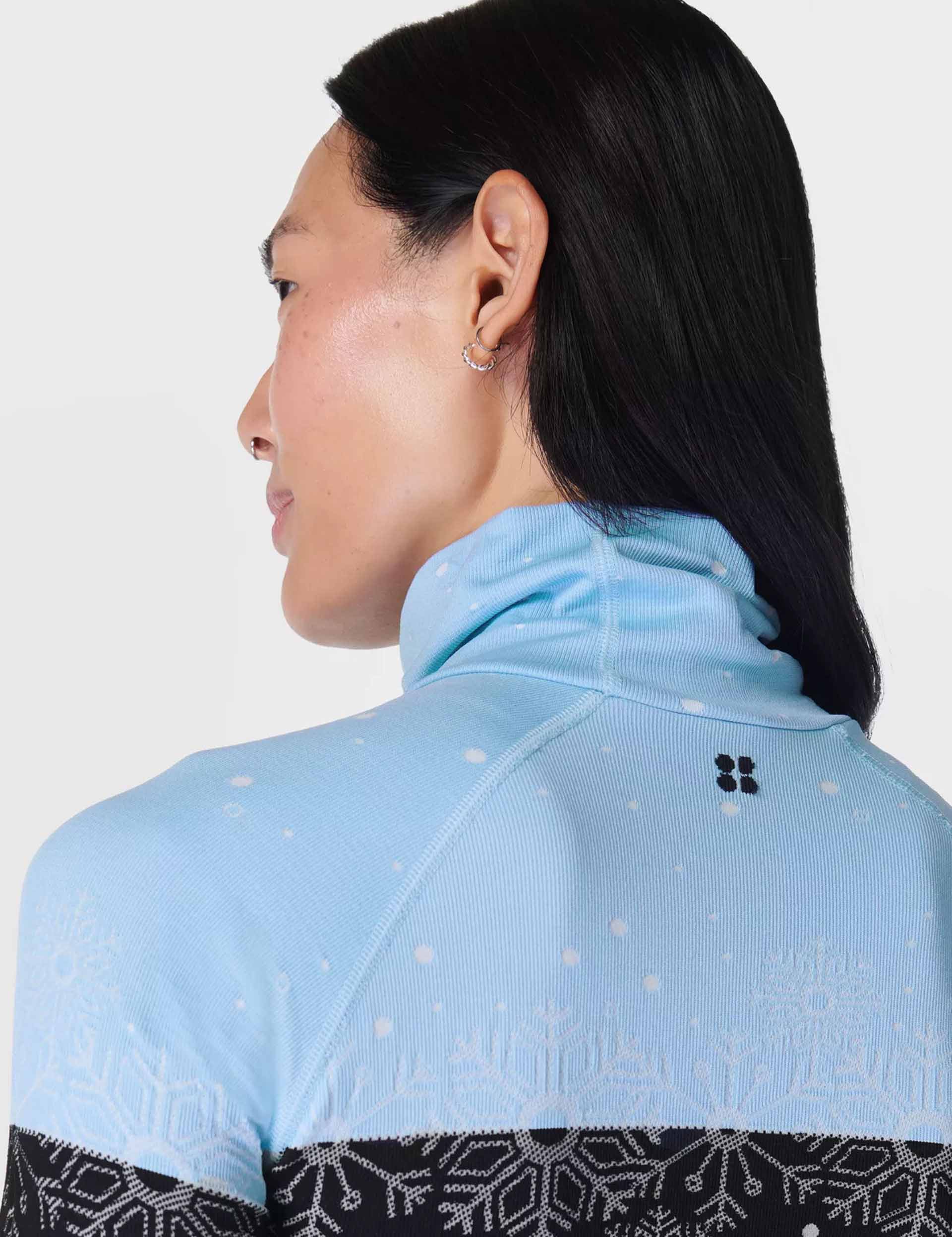 Snowflake Funnel Neck Base Layer Top - Blue Jacquard Thermal Shirt for Women | Winter Warm Fleece Lined Shirt for Skiing, Snowboarding & Cold Weather Activities