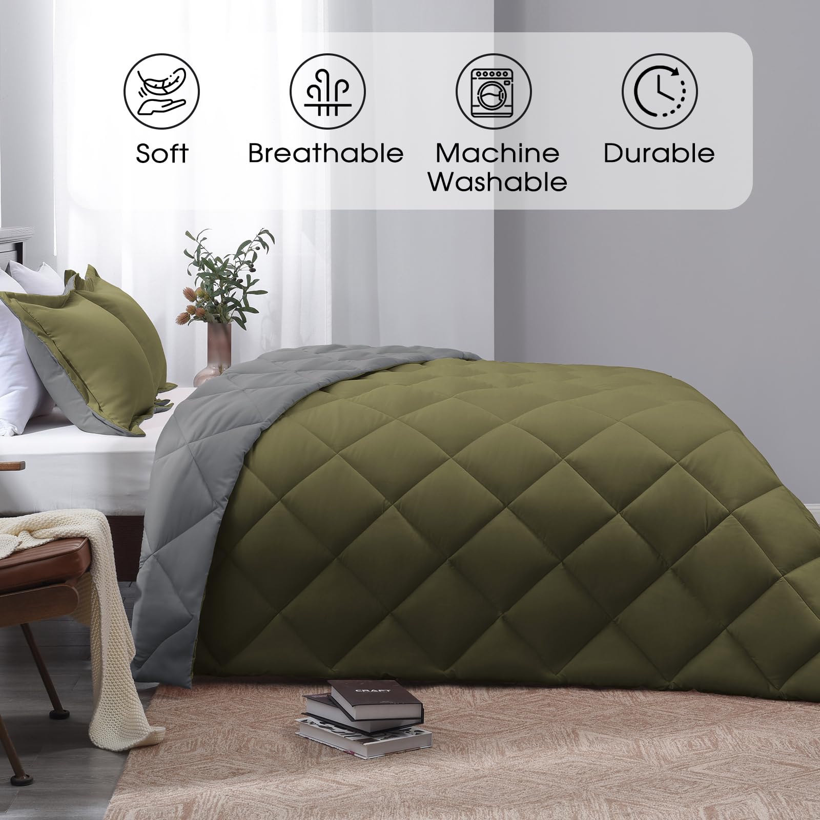 Reversible Queen Comforter Set - Olive Green & Charcoal Gray All-Season Bedding, 88
