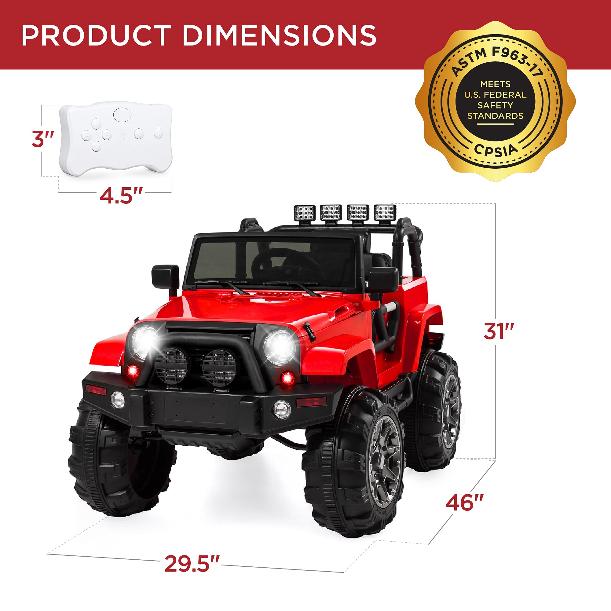 Best Choice Products 12V Kids Ride On Truck - Battery Powered Toy Car with Spring Suspension, Parent Remote Control, 3 Speed Settings, LED Lights & Bluetooth Music - Red | Perfect for Outdoor Play, Birthday Gifts & Toddler Pretend Driving