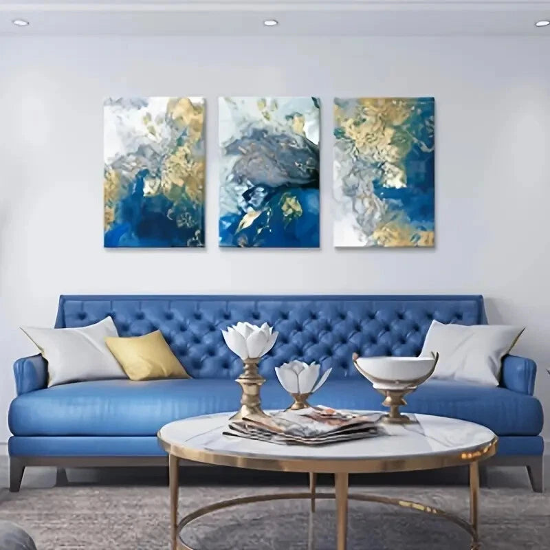 3-Piece Blue and Gold Teal Metal Wall Art Prints - Ready to Hang Modern Home Decor for Living Room, Bedroom & Office